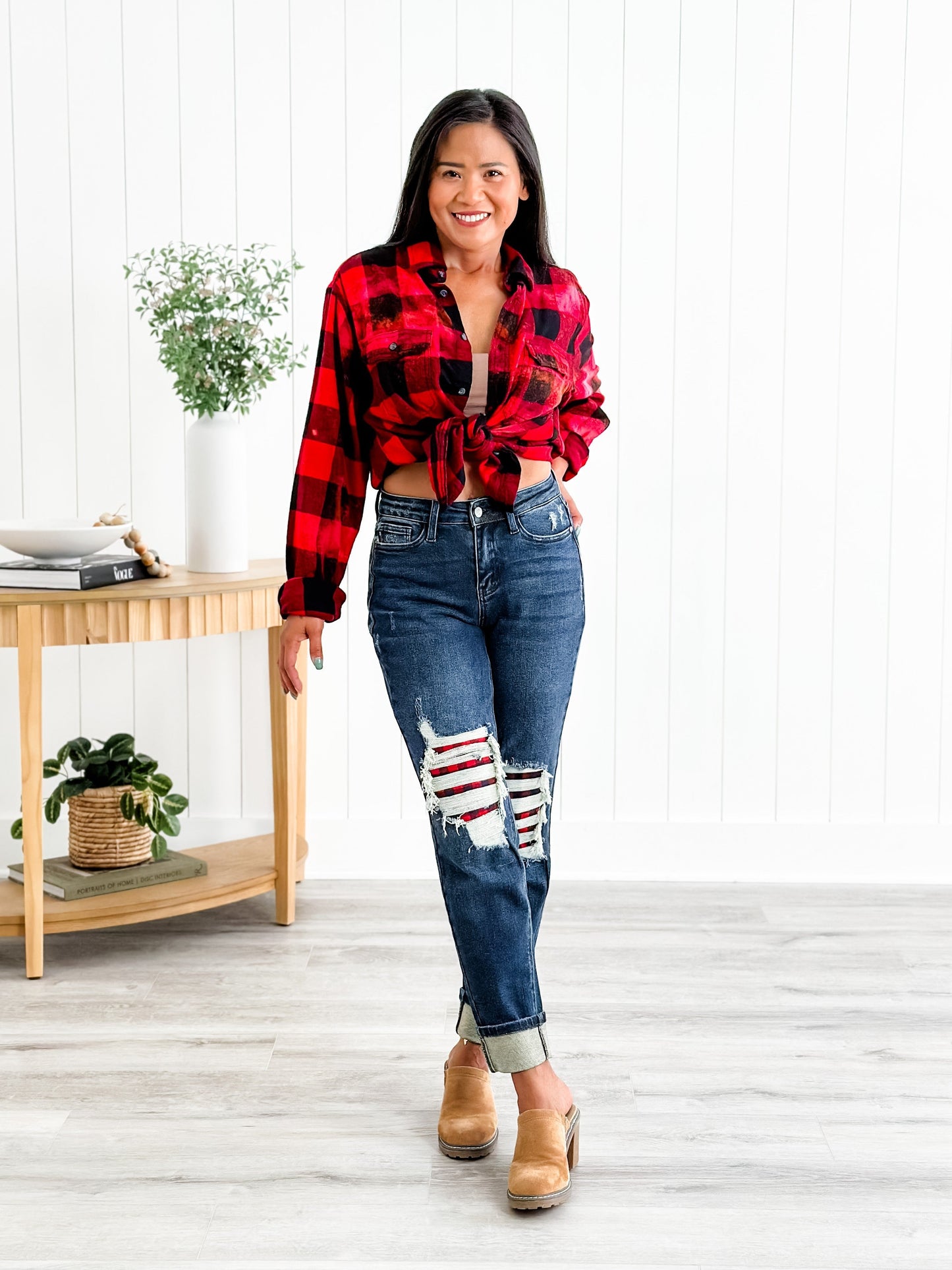 Judy Blue Warm and Cozy Mid Rise Dark Wash Boyfriend Buffalo Plaid Knee Destroy Patches With Cuff Jeans
