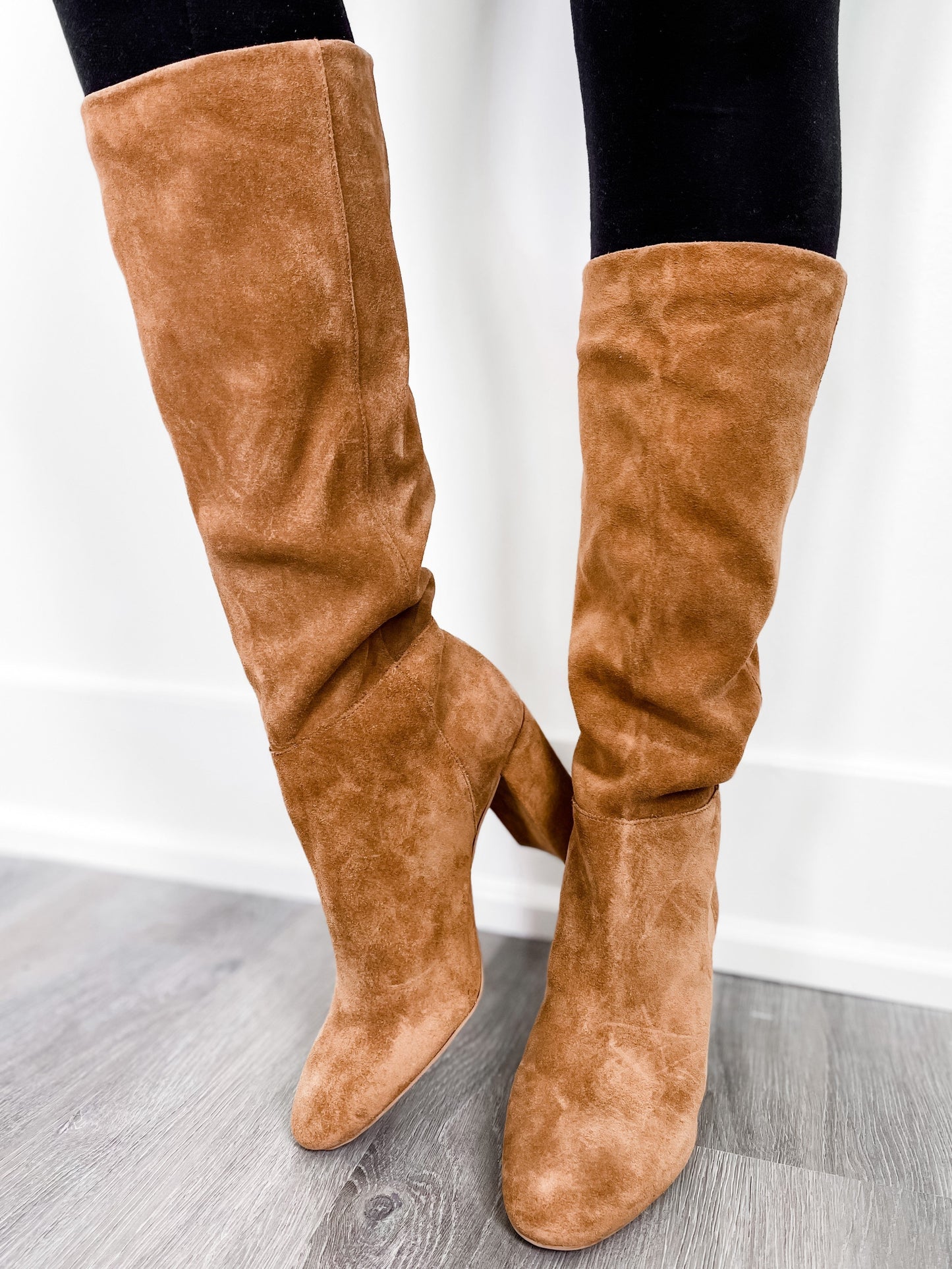 Honey Brown Vegan Suede High Heeled Pull On Boots