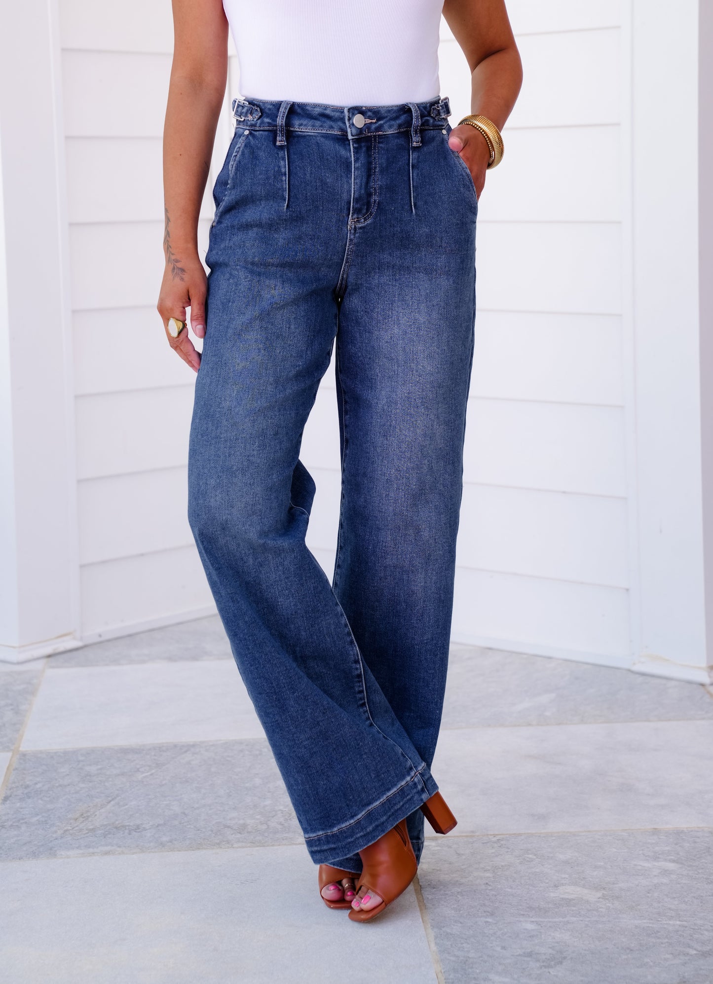 Risen High Rise Medium Wash Adjustable Waistband Wide Leg Pleated Jeans