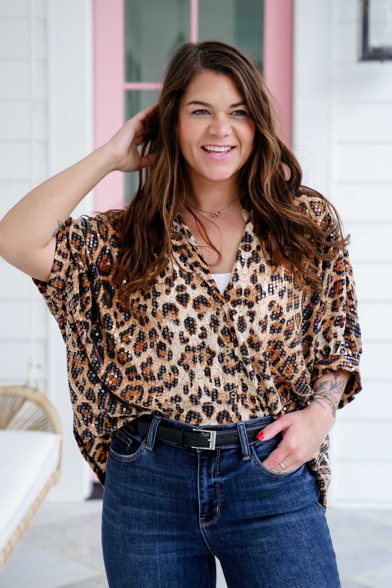 Leopard Short Dolman Sleeve Button Down High Low Top with Clear Sequin Detail