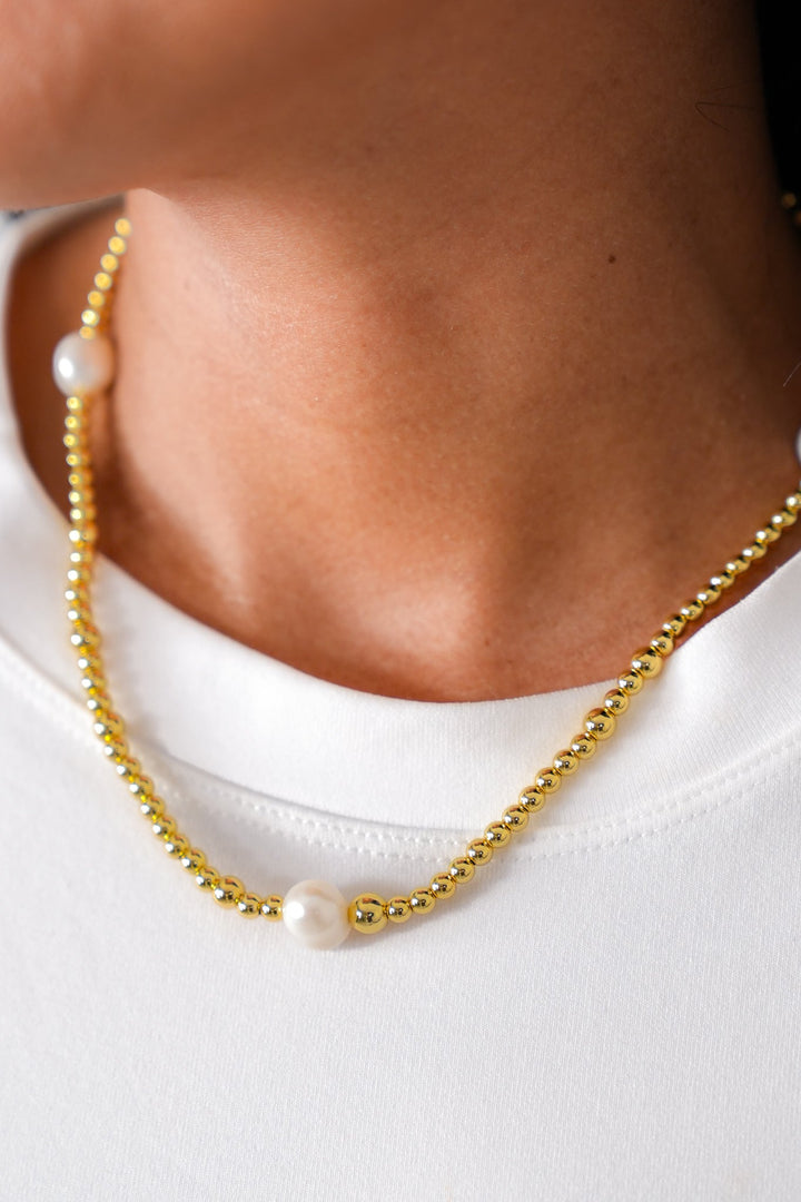 Treasure Jewels Gold Beaded Necklace with Three Pearl Accents