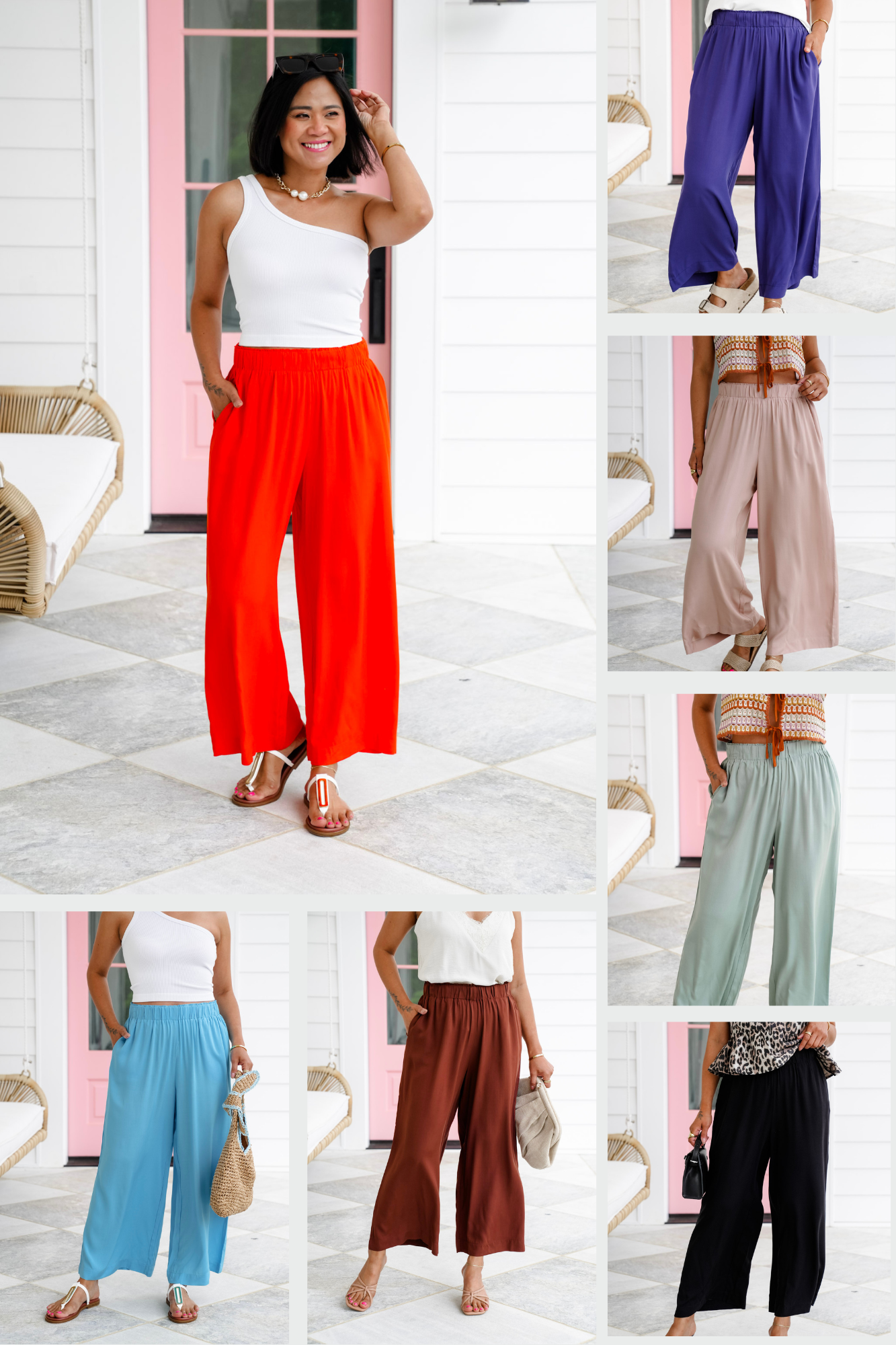 Solid Woven Elastic High Waist Wide Leg Pants
