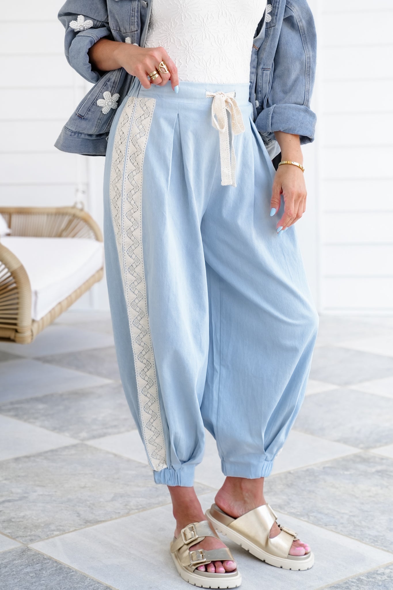 Pleated Elastic Waist Joggers with Lace Detail
