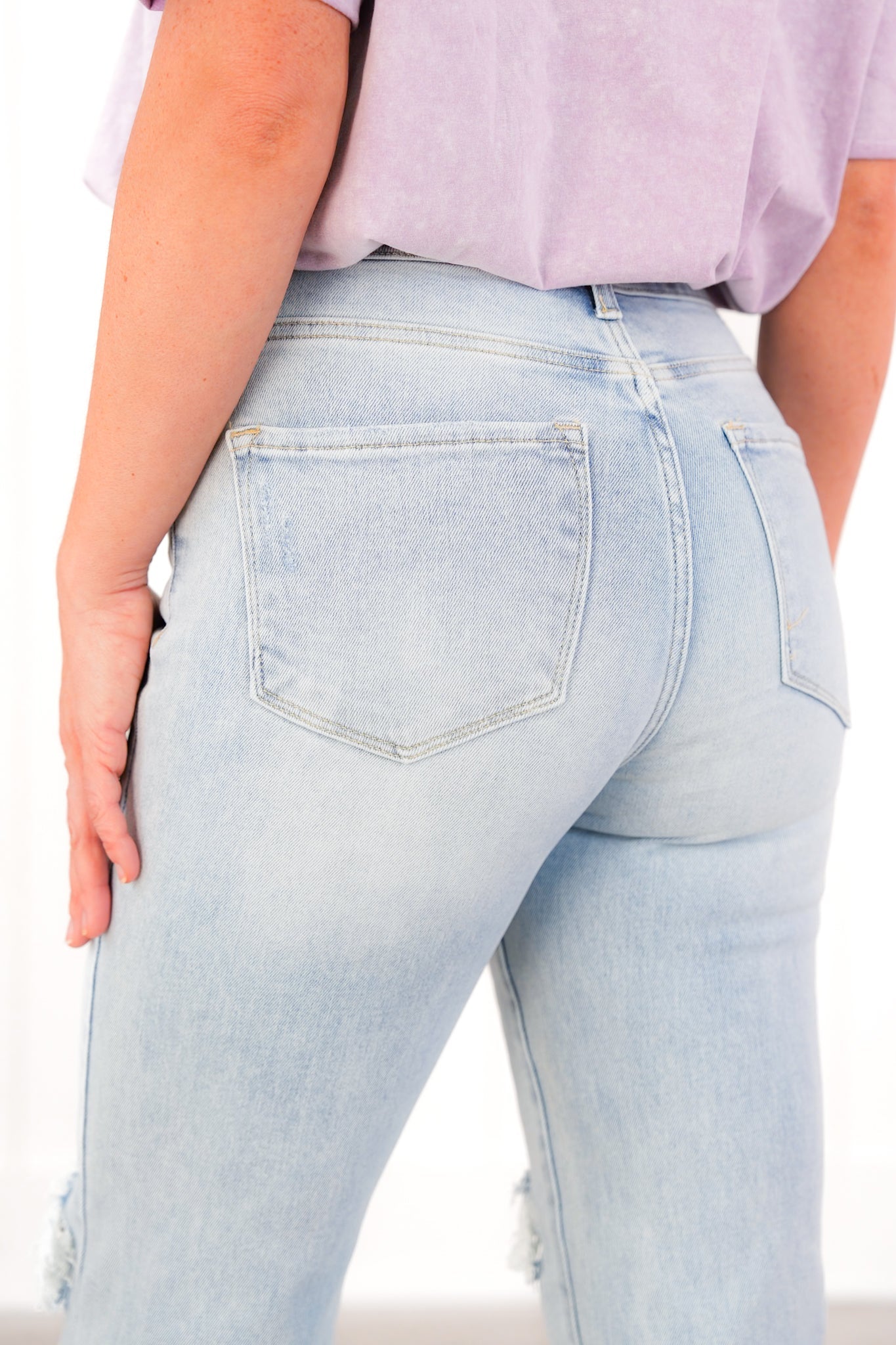 Risen High Rise Acid Wash Sequin Knee Patches Relaxed Straight Leg Jeans