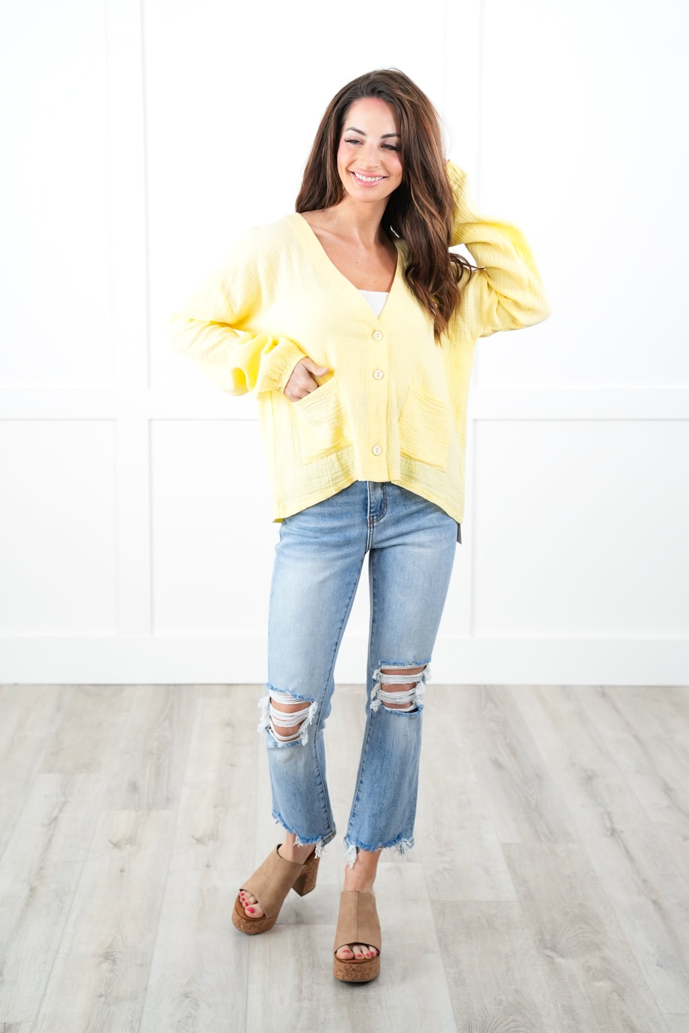 Solid Long Sleeve Button Down Cardigan With Front Pockets