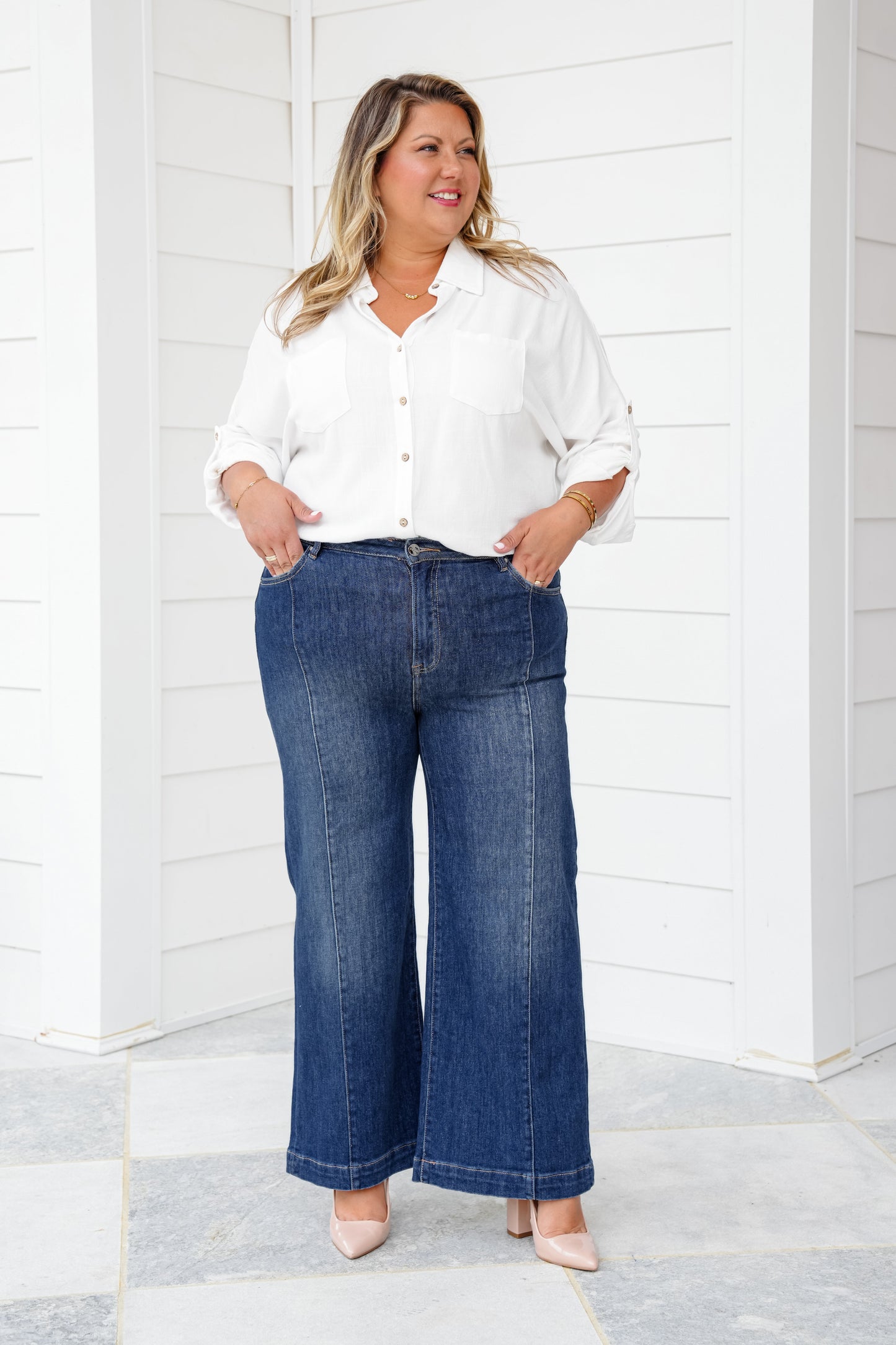 Risen High Rise Dark Wash Cropped Wide Leg Jeans