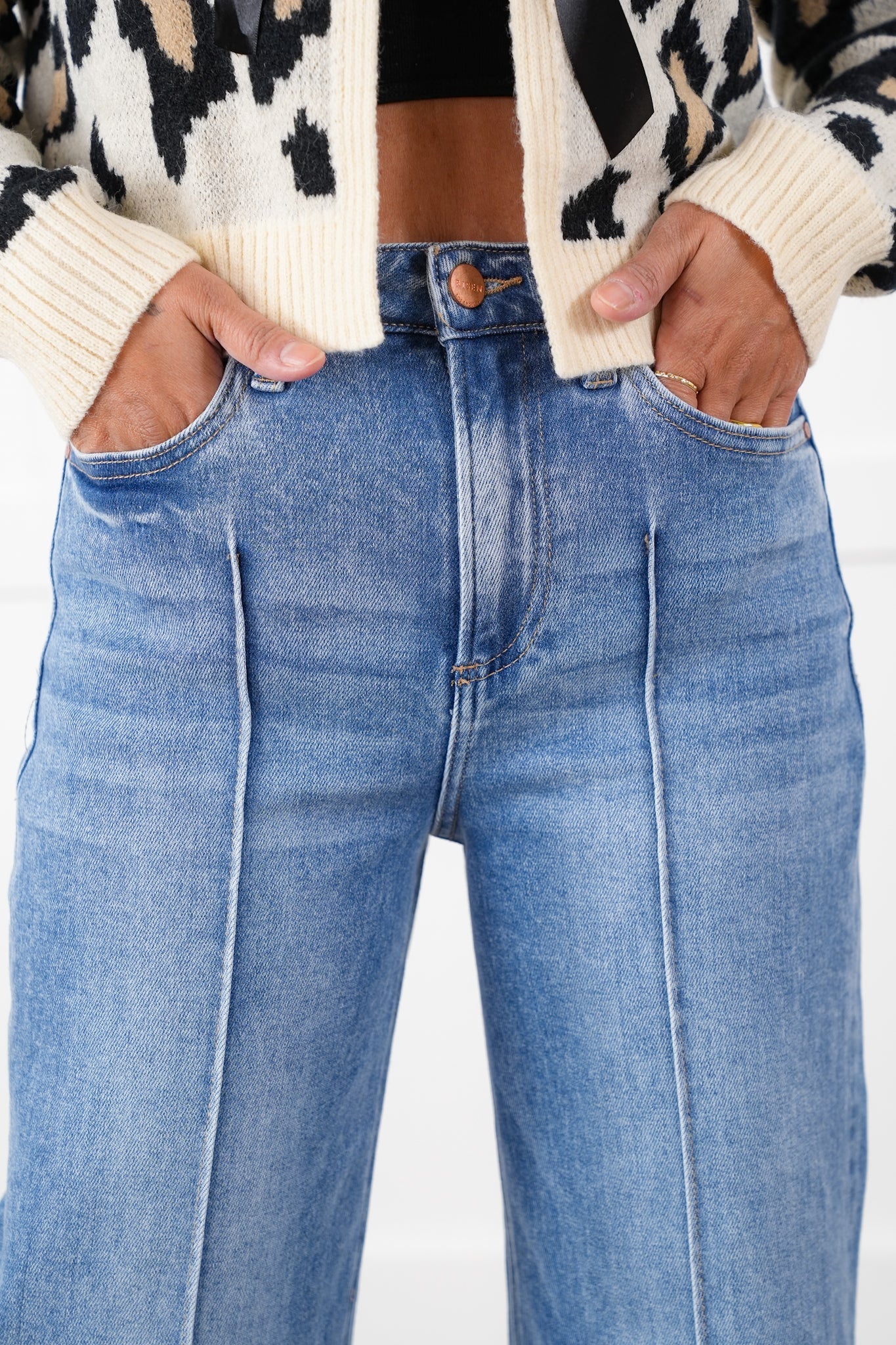 Risen High Rise Medium Wash Pintuck Detailed Wide Leg Jeans