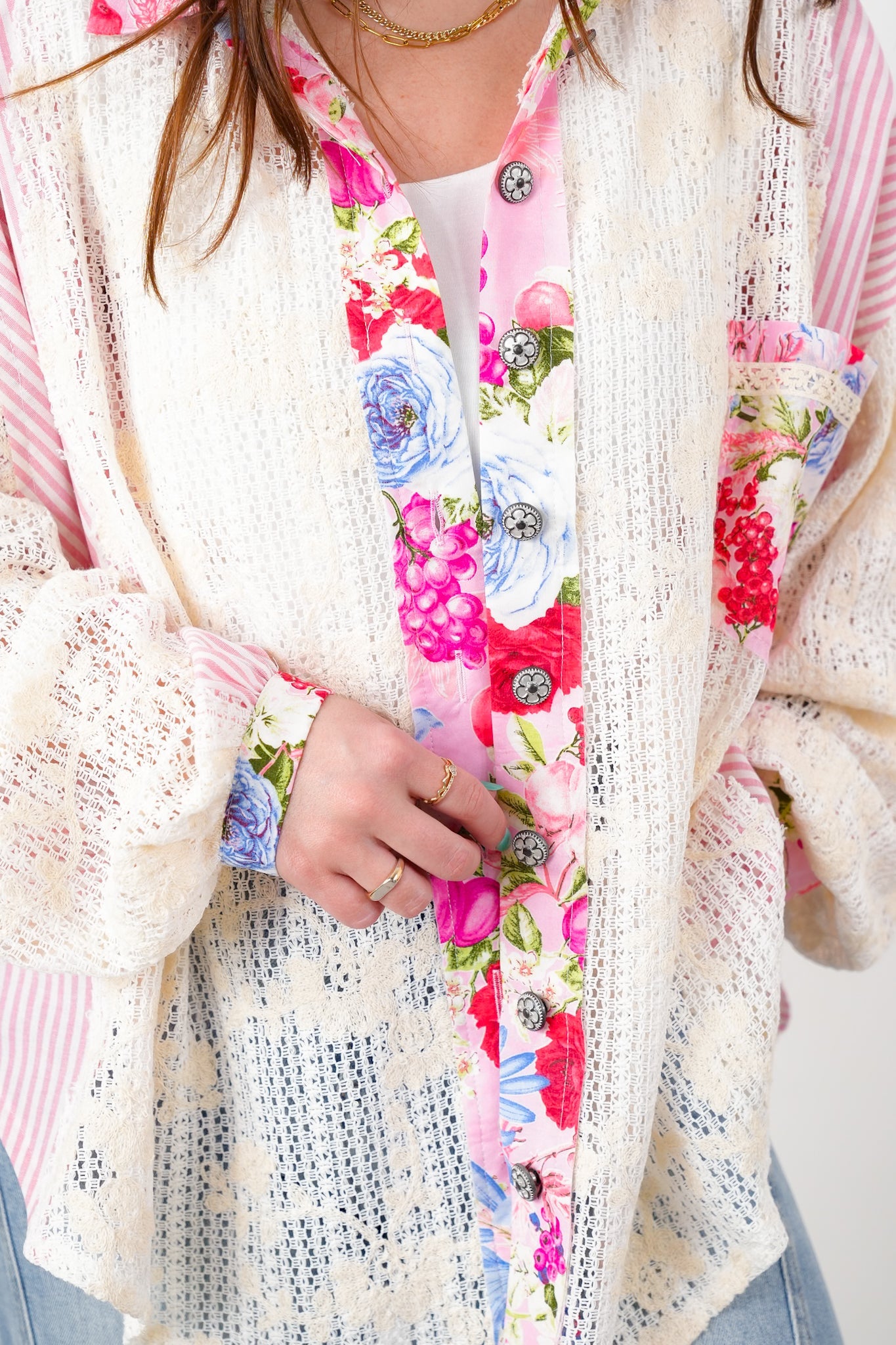 POL Stripe Long Sleeve Button Down Shacket with Floral and Lace Detail - New Colors!