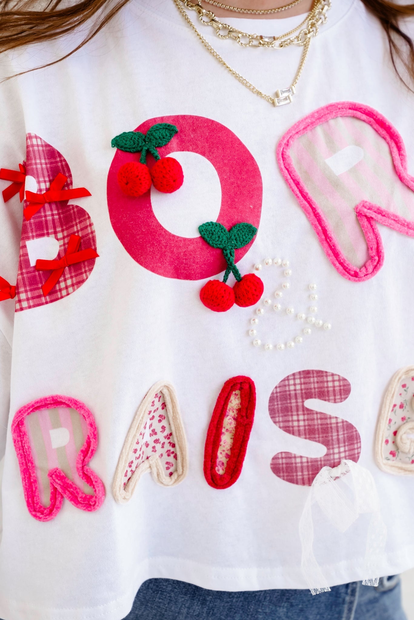 Short Sleeve "Born & Raised" Patchwork Crop Top