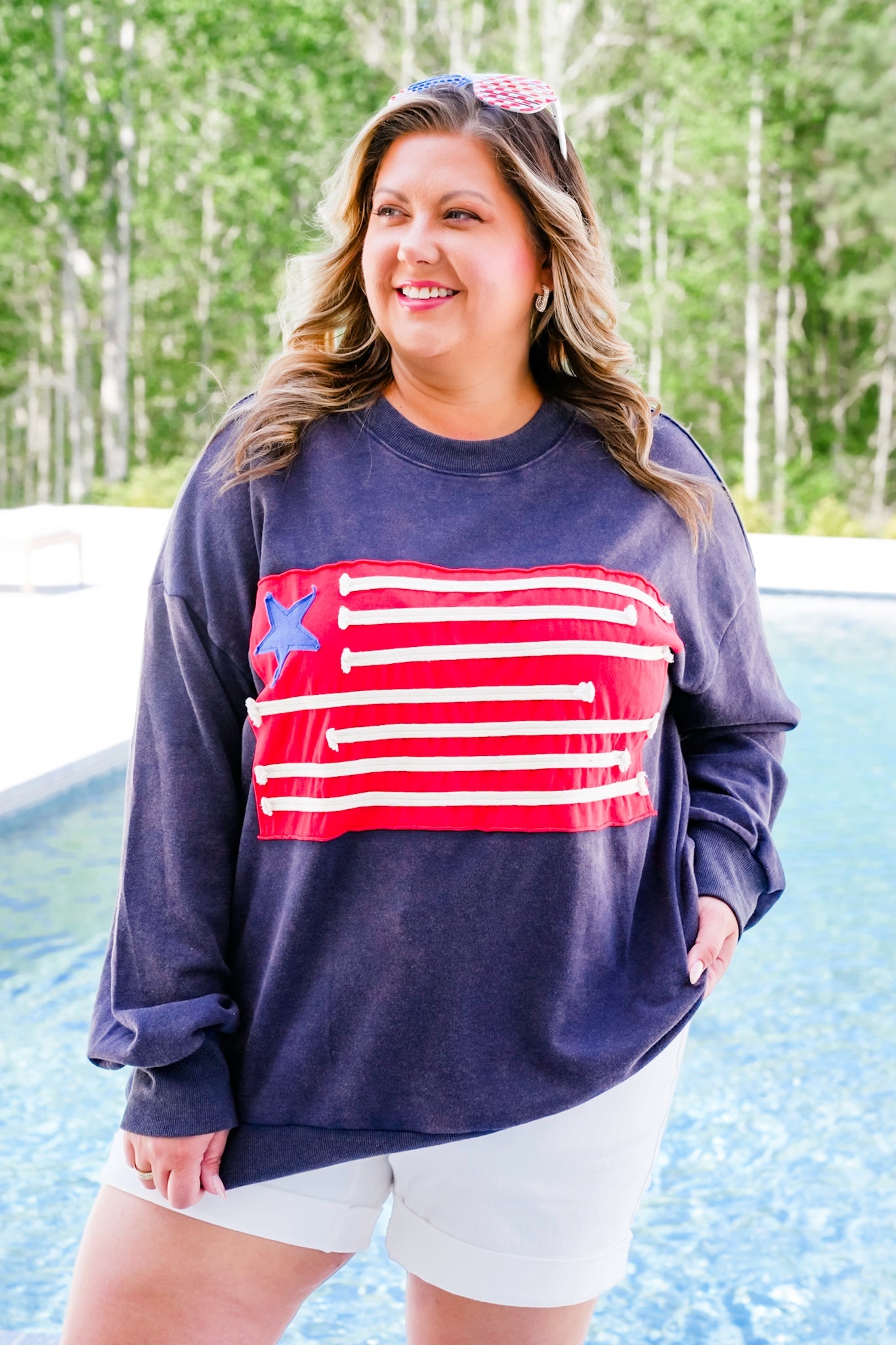 Mineral Wash Long Sleeve American Flag Patch Sweatshirt
