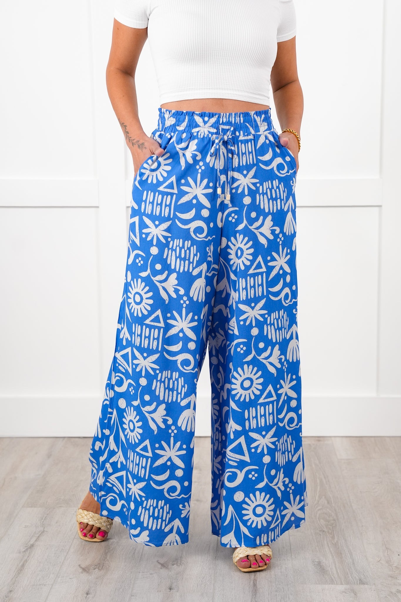 Plus/Reg Tropical Print Elastic Waist Wide Leg Pants