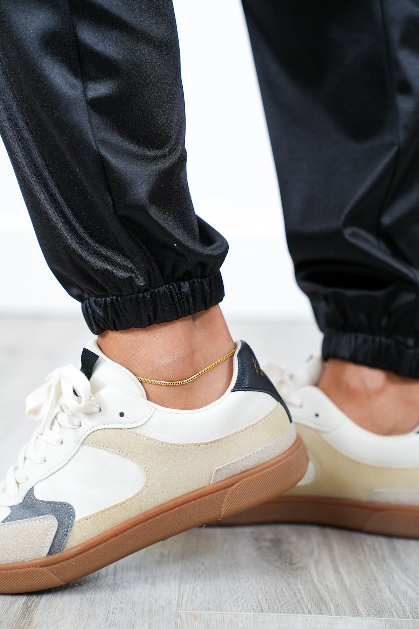 Plus/Reg Black Satin Elastic Waist Cargo Jogger Pants