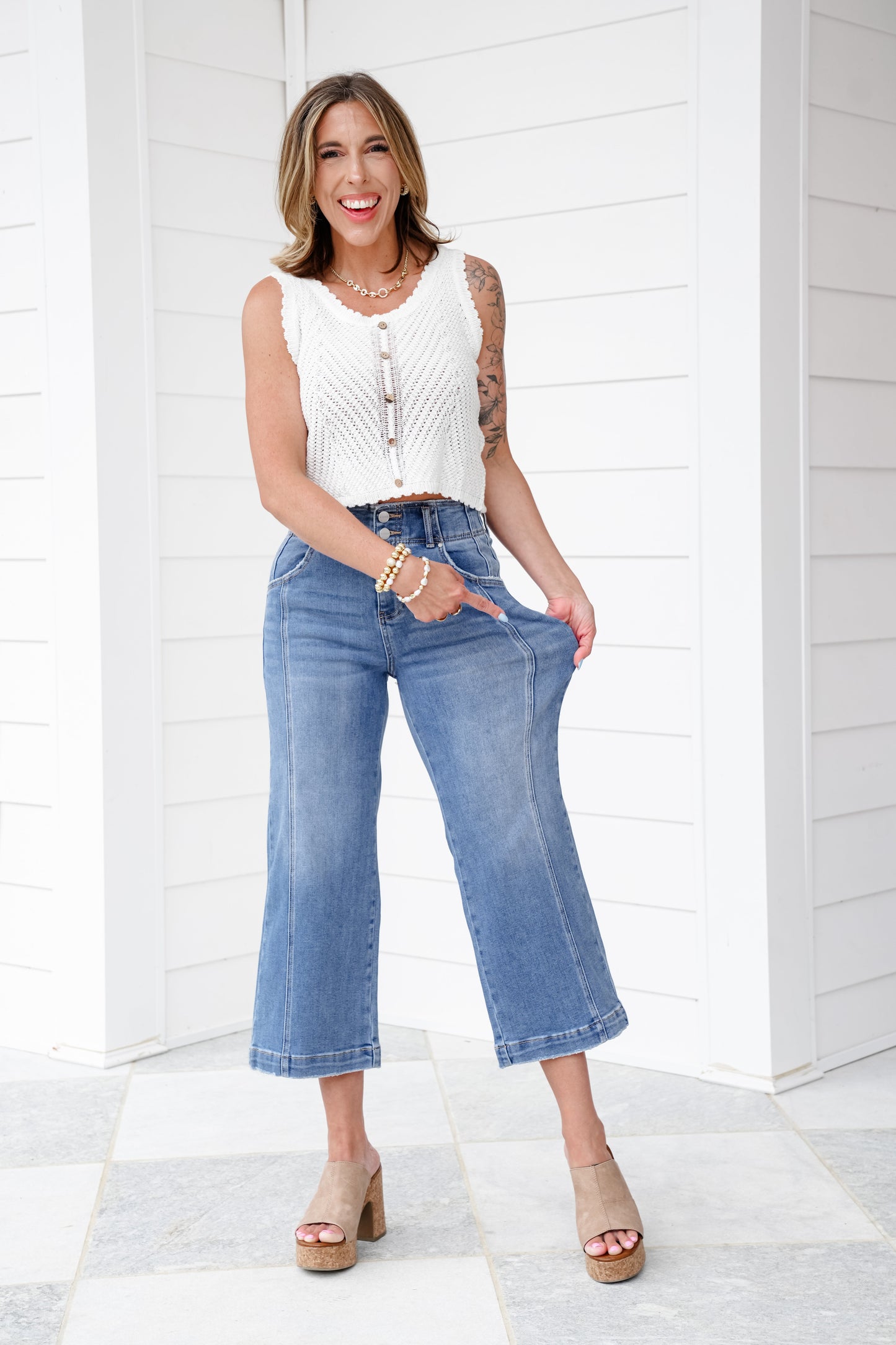 Risen High Rise Medium Wash Cropped Wide Leg Jeans with Front Seam Detail