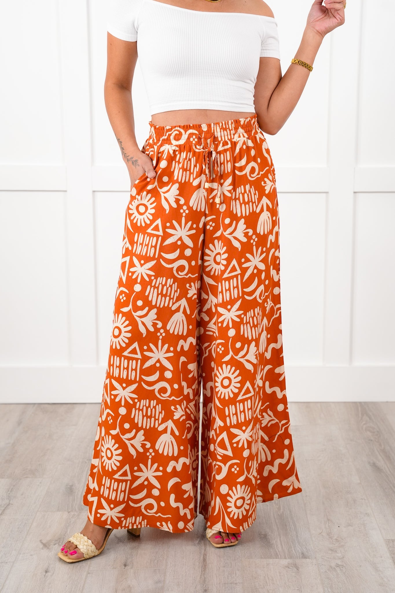 Plus/Reg Tropical Print Elastic Waist Wide Leg Pants