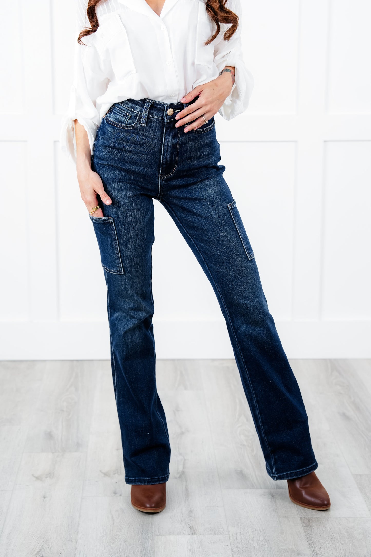 Judy Blue The Jenny High Rise Dark Wash Cargo Bootcut Jeans