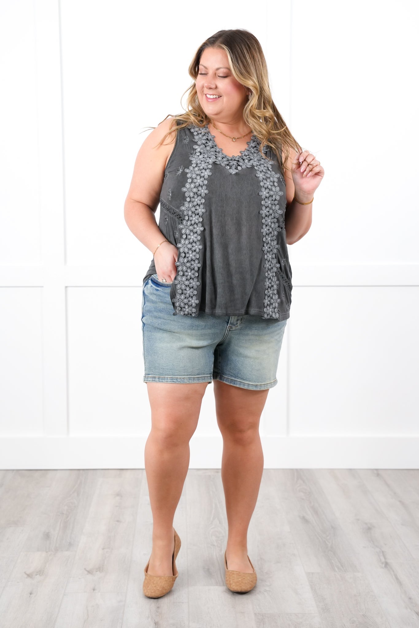 Restocks! POL Sleeveless Tank Top with Floral Embroidery Detail