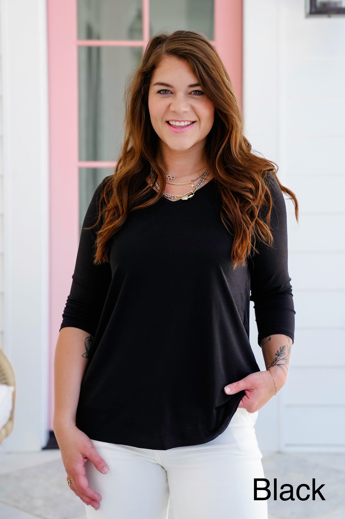 Door Buster! Plus/Reg Solid 3/4 Sleeve V Neck Blouse Top
