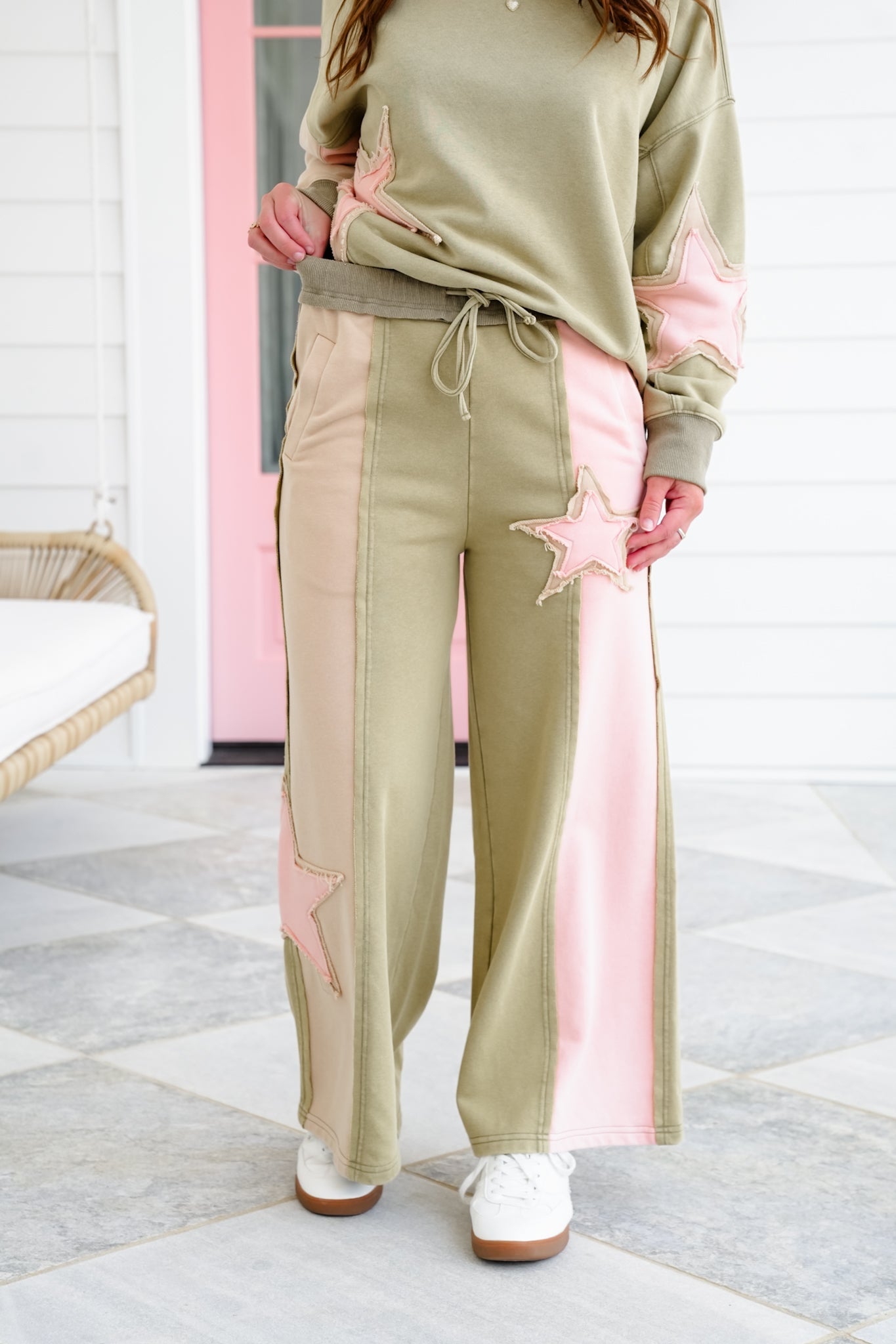 Mineral Wash Color Block Elastic Waist Pants with Star Patch Detail