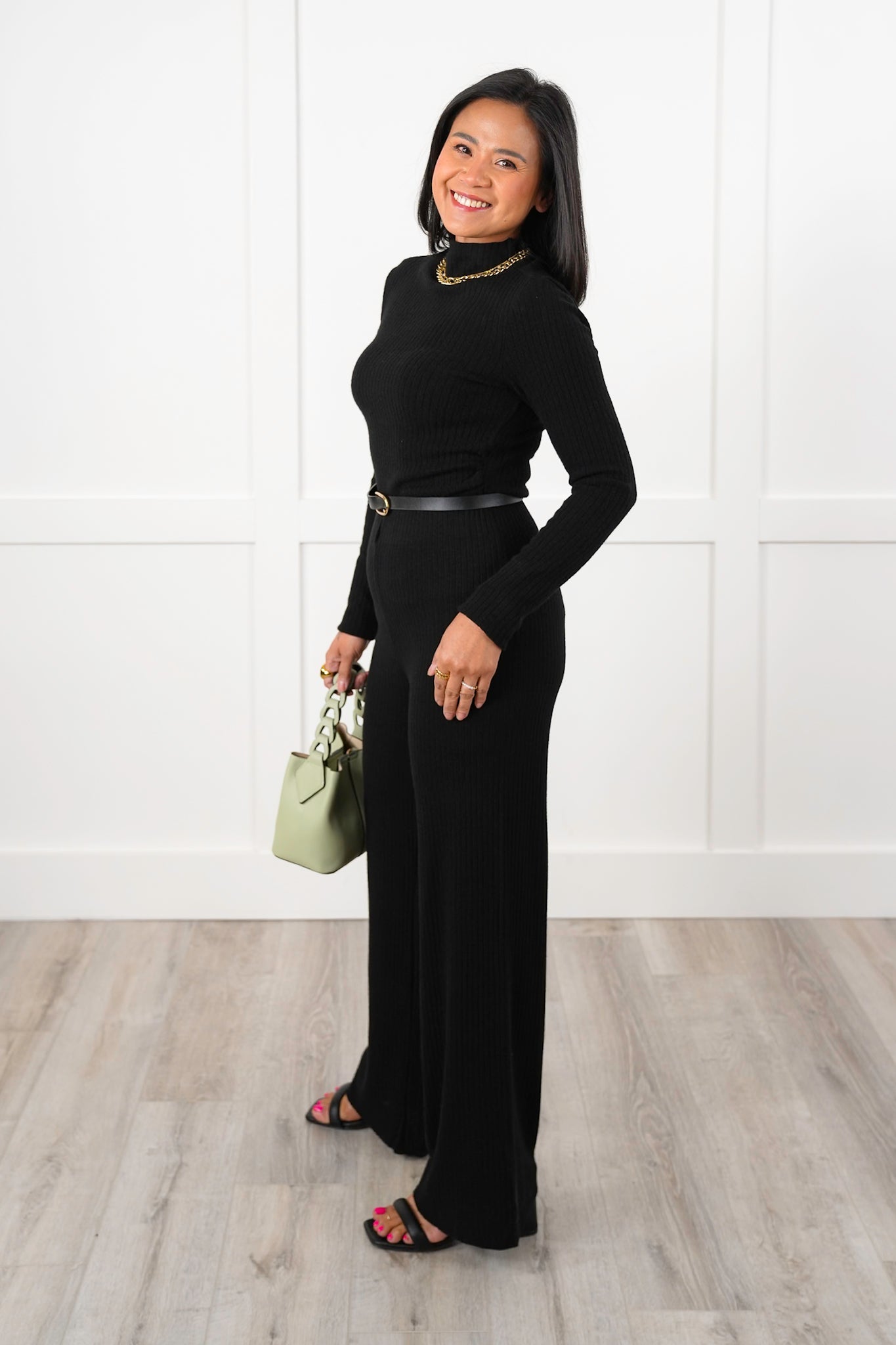 Ribbed Knit Long Sleeve Top and Wide Leg Pants Set