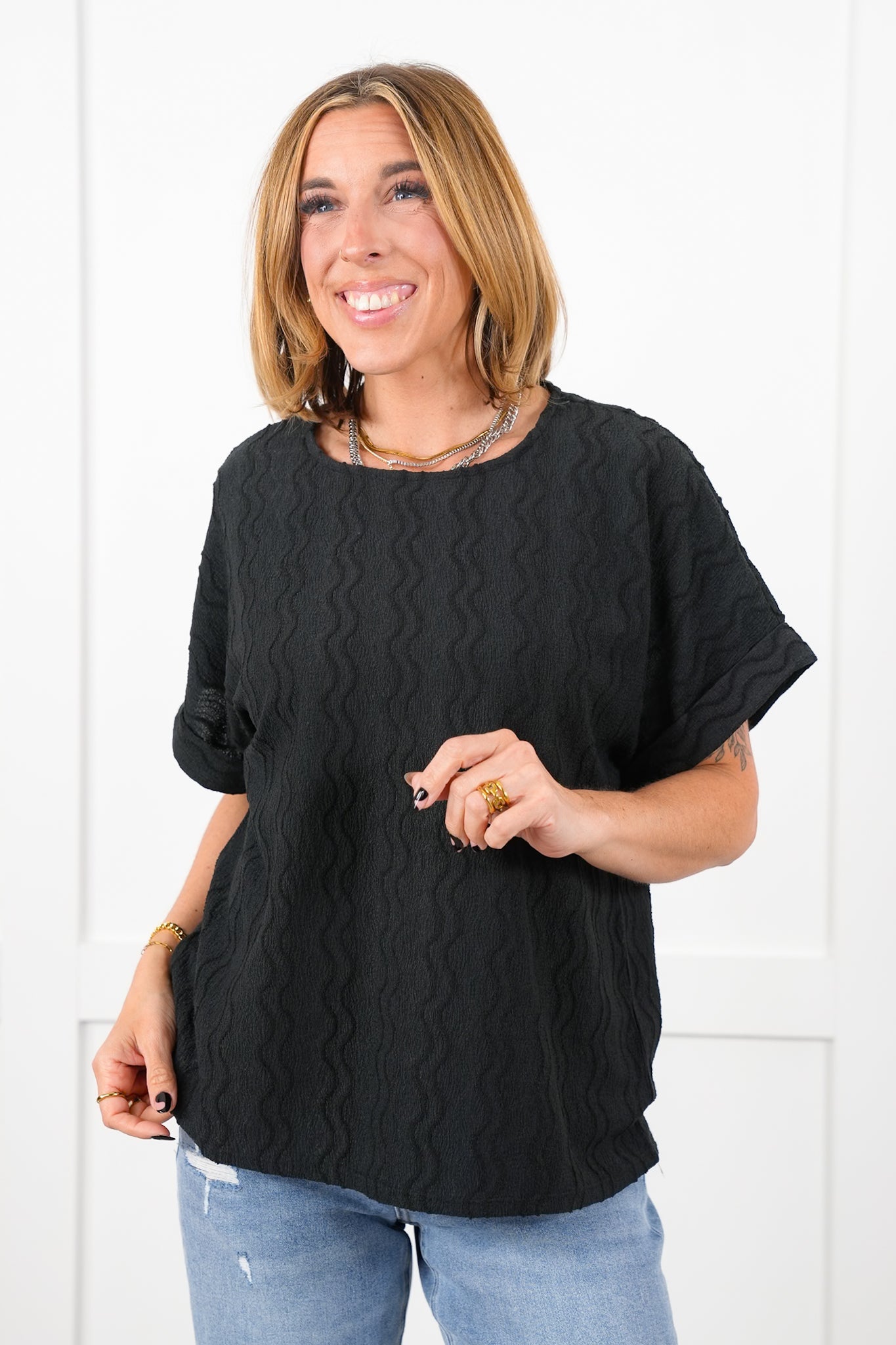 Door Buster! Plus/Reg Textured Short Dolman Sleeve Round Neck Blouse