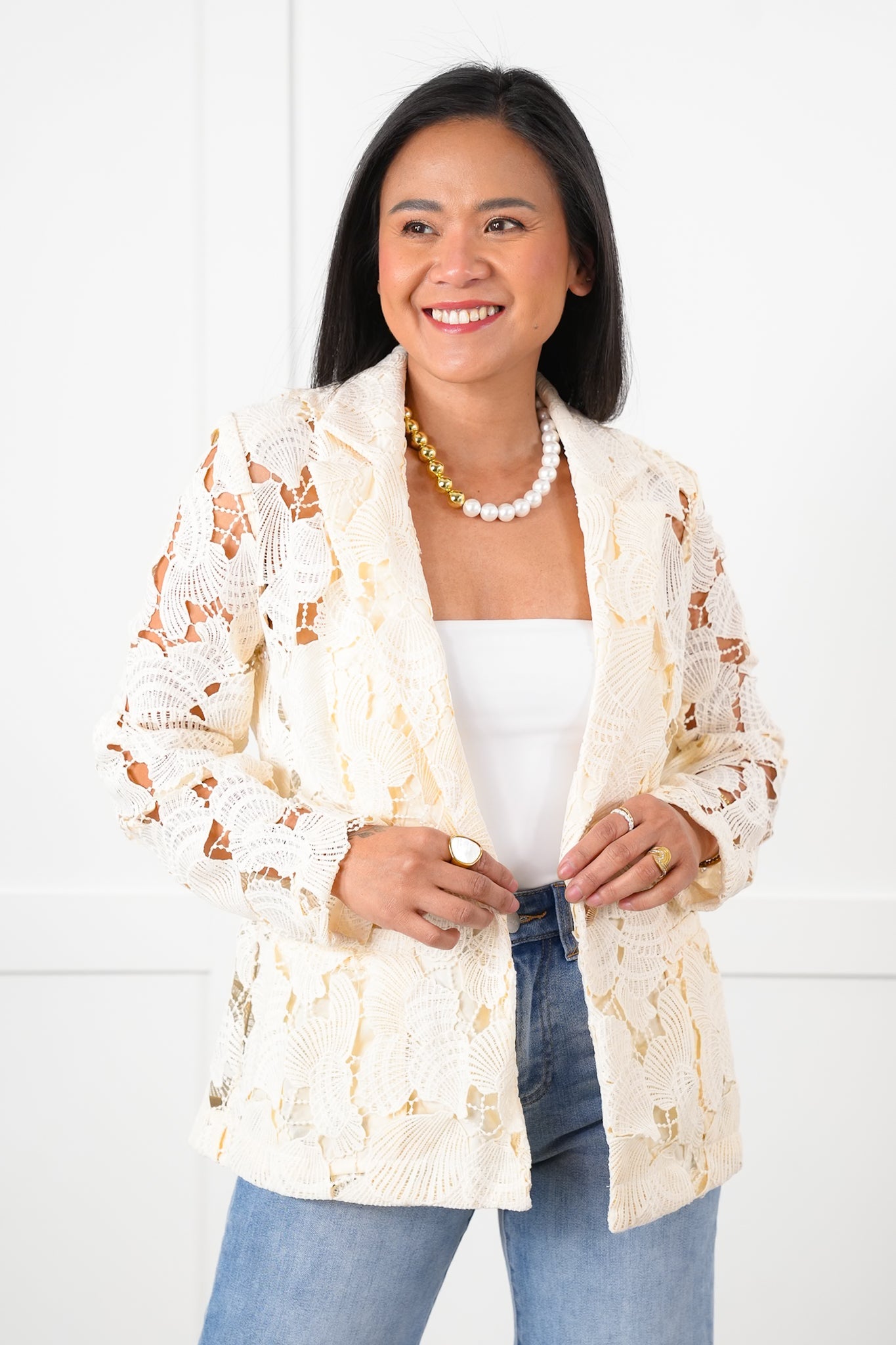 Natural Lace Long Sleeve Button Blazer