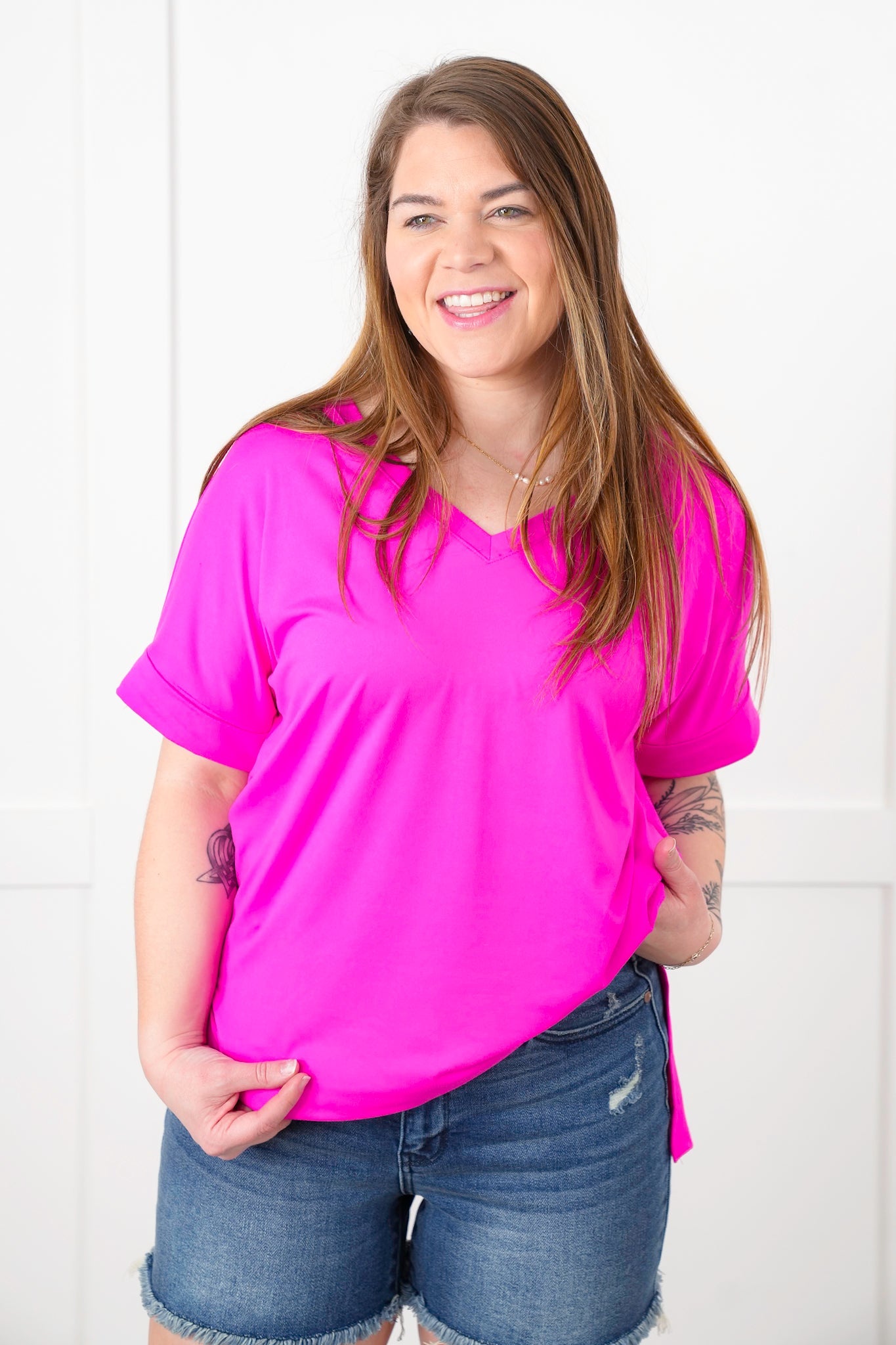 Door Buster! Zenana Rolled Short Sleeve V-Neck Top with Side Slit High-Low Hem