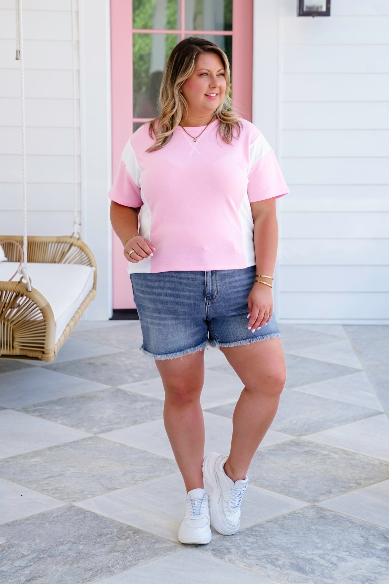 Plus/Reg Color Block Short Sleeve Round Neck Top With Side Slit