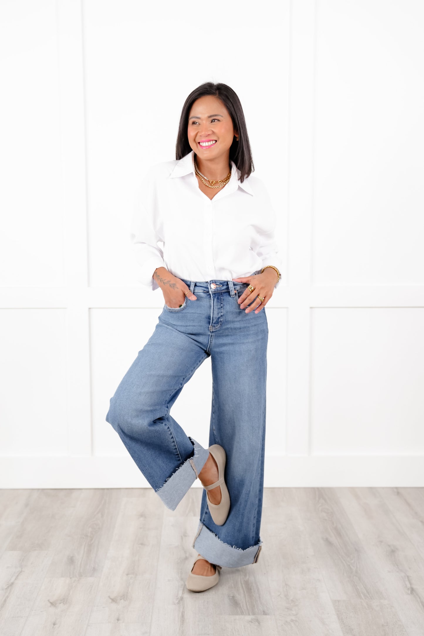 Risen High Rise Medium Wash Tummy Control Cuffed Wide Leg Jeans