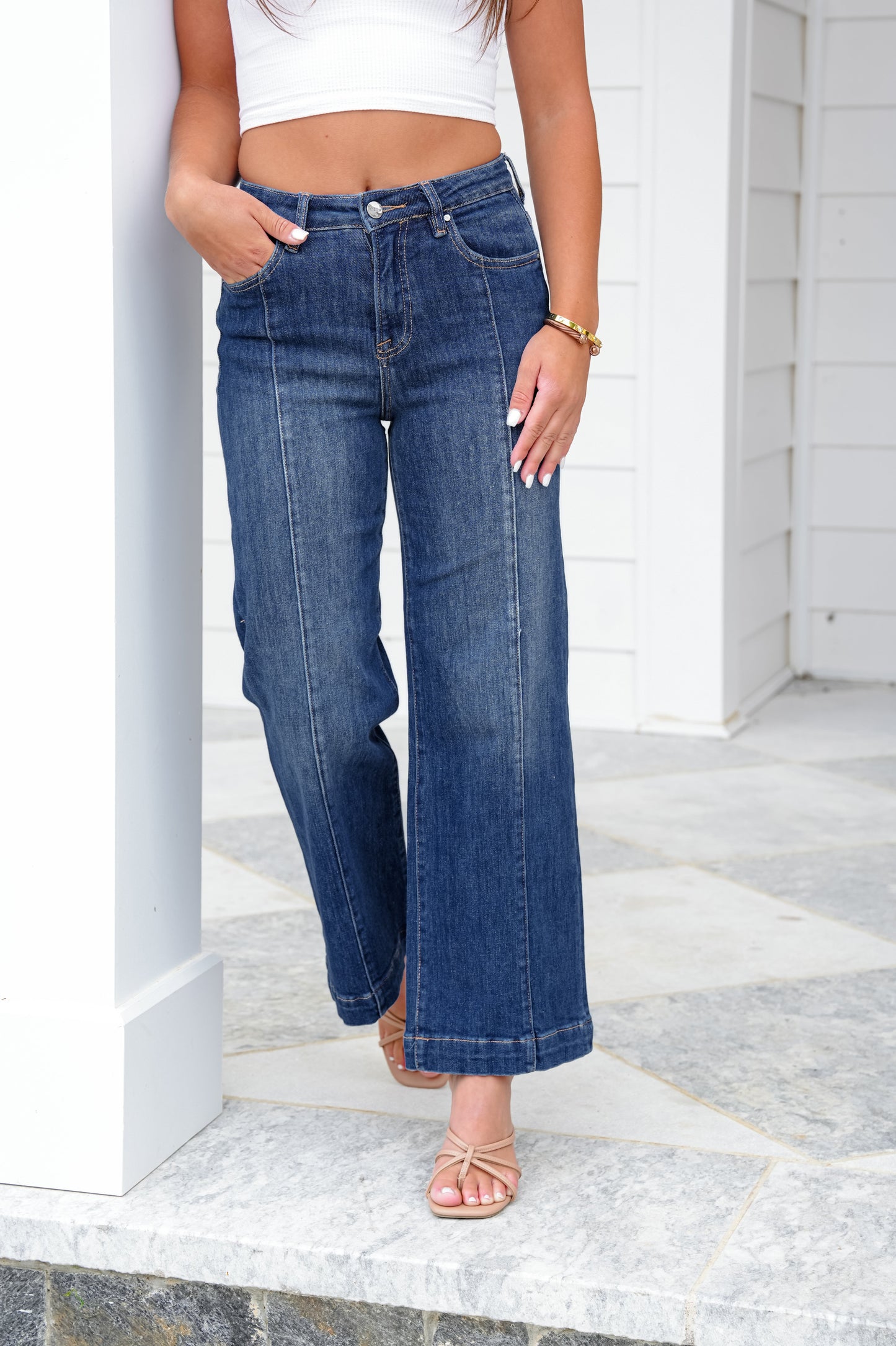 Risen High Rise Dark Wash Cropped Wide Leg Jeans