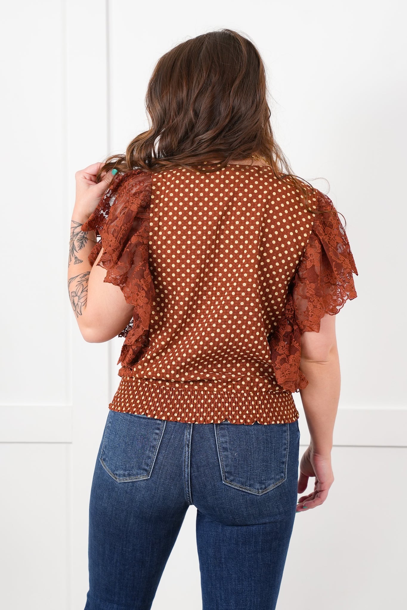 Polka Dot Short Ruffle Sleeve Wrap Top with Lace Detail