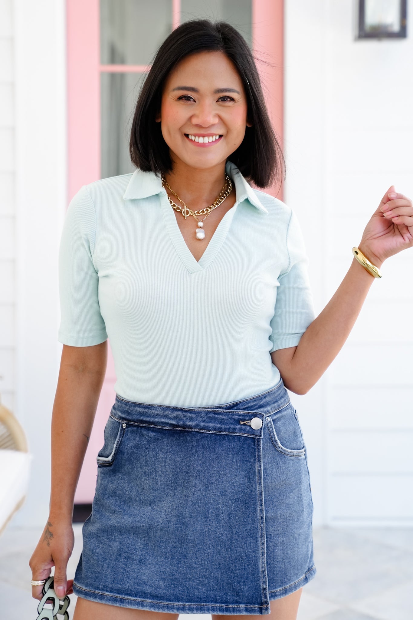 Ribbed Knit Short Sleeve Polo Neck Bodysuit