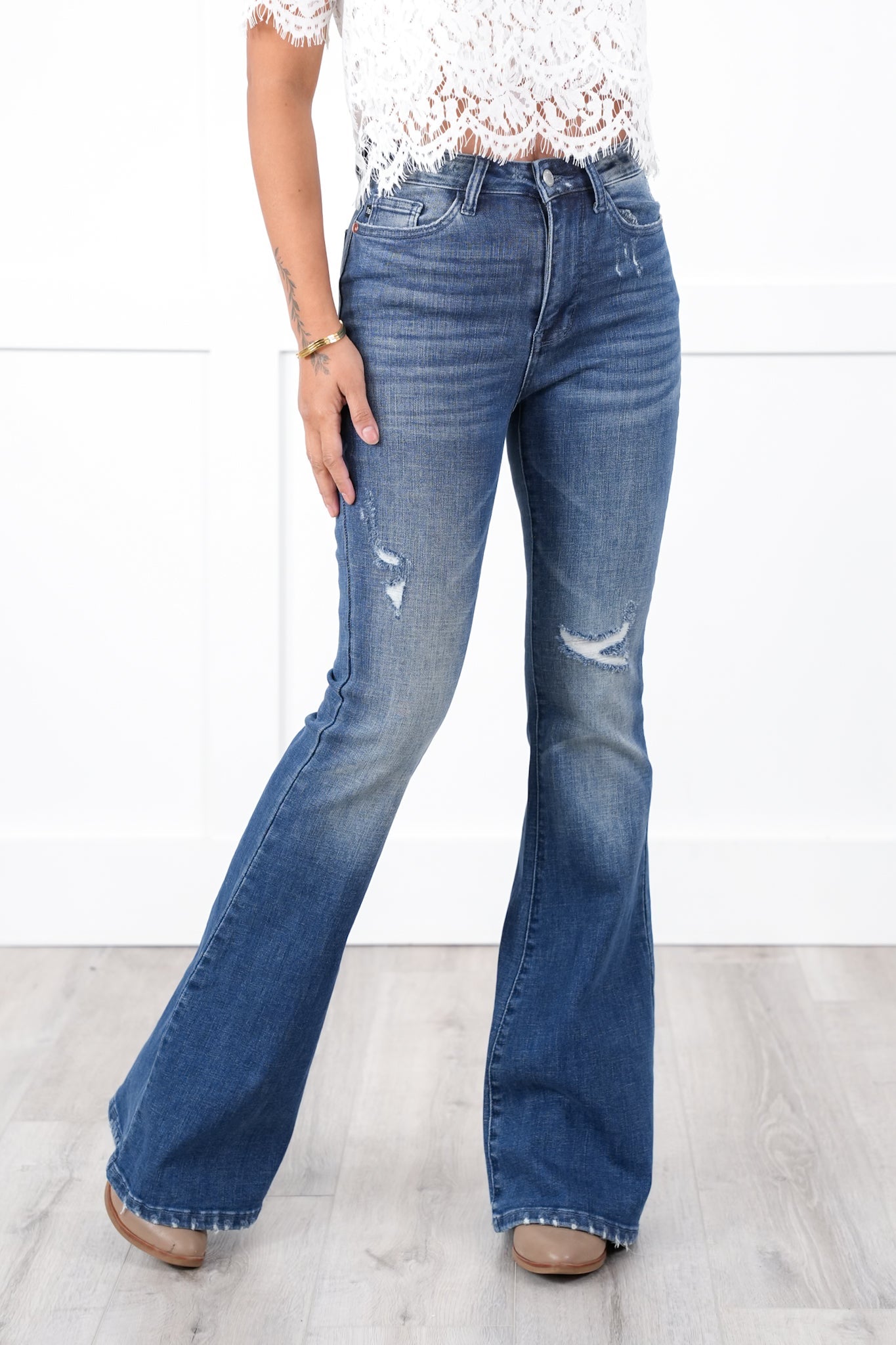Judy Blue High Rise Dark Wash with Contrast Distressed Flare Jeans