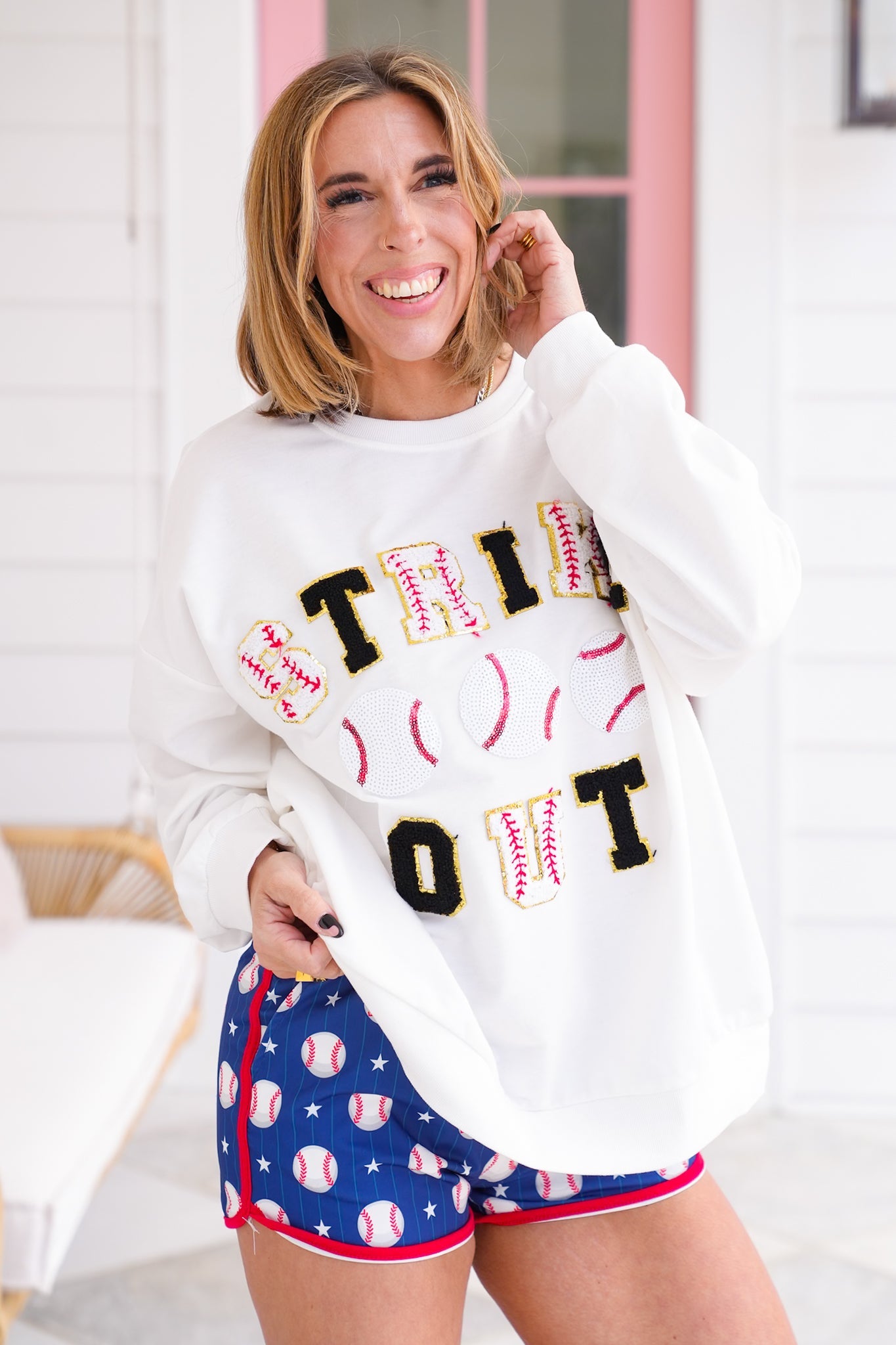Long Sleeve "Strike Out" Baseball Patches Pullover Sweatshirt with Sequin Detail
