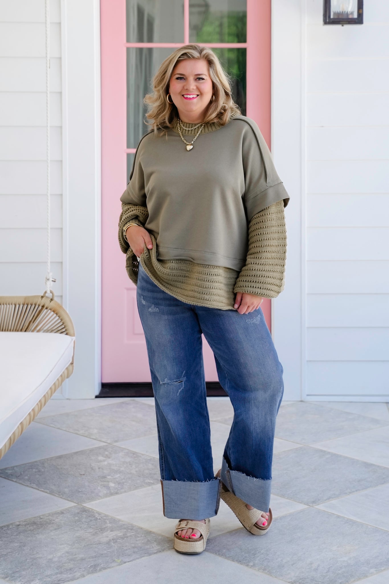 Plus/Reg Knit Layered Long Sleeve Round Neck Sweater