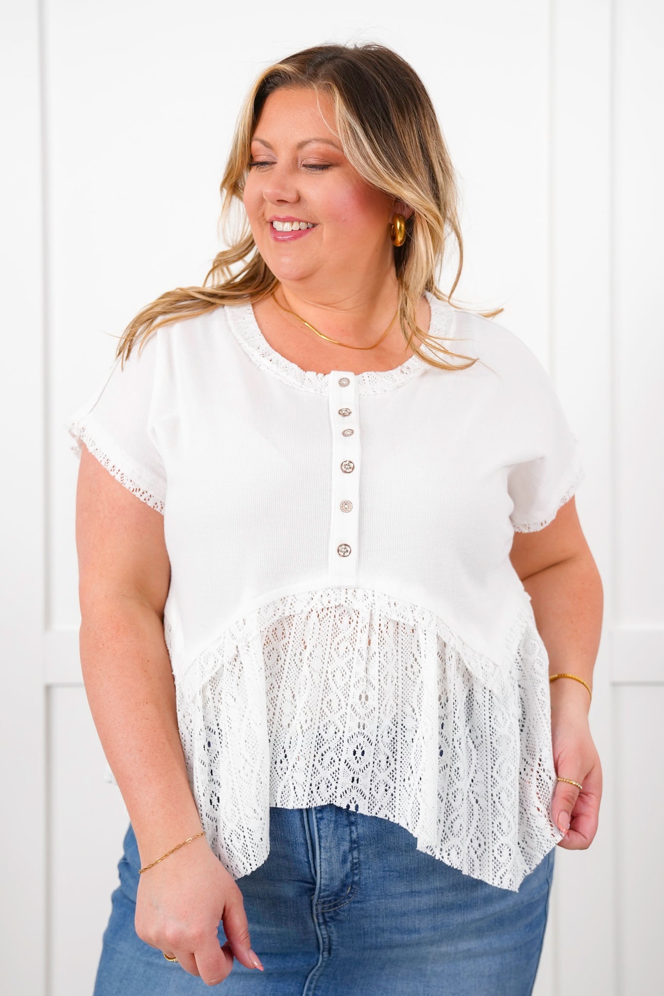 POL Short Sleeve Button Up Knit Top with Crochet Detail