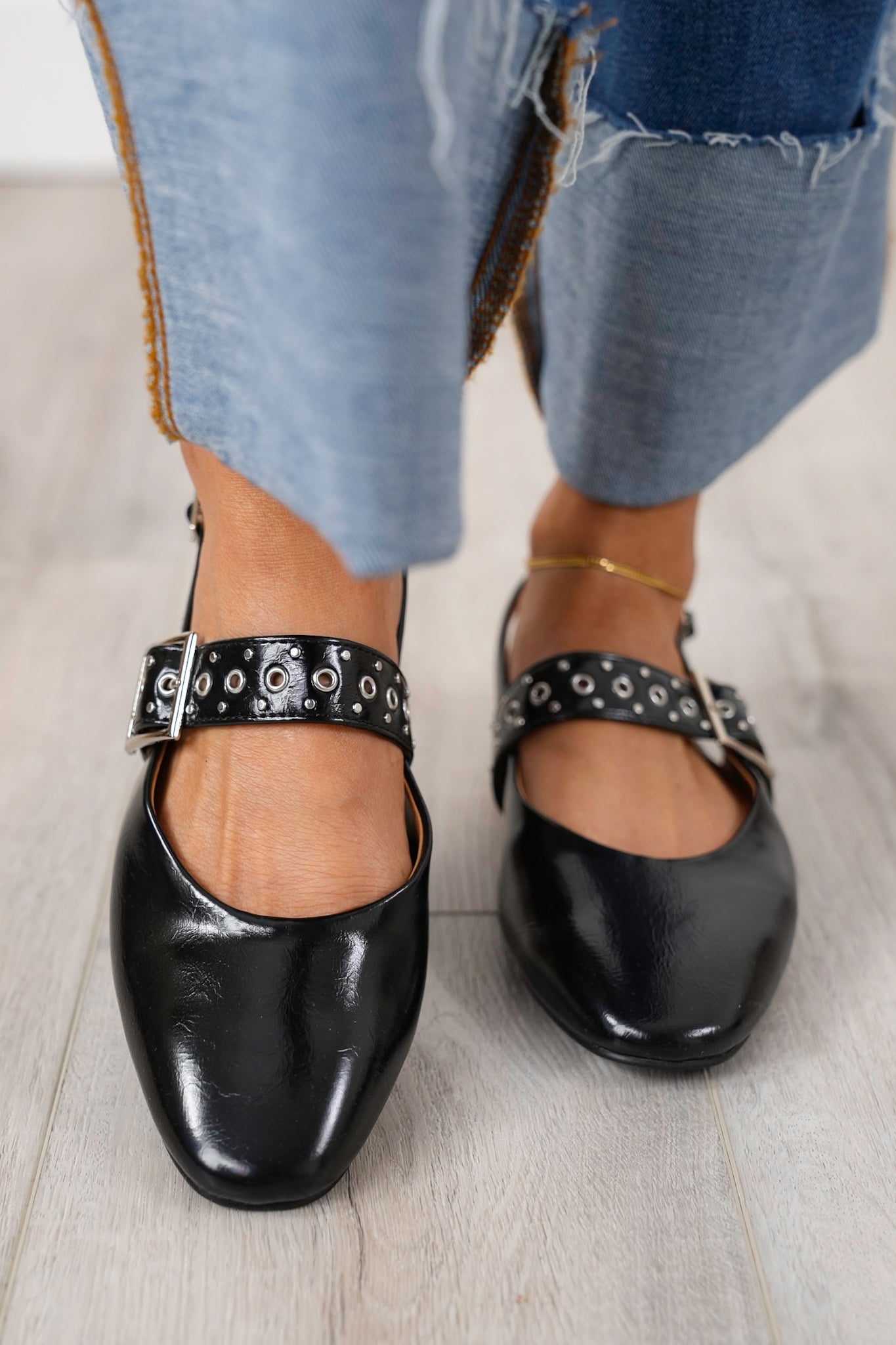 Pointed Toe Slingback Flats with Studded Buckle Strap Detail