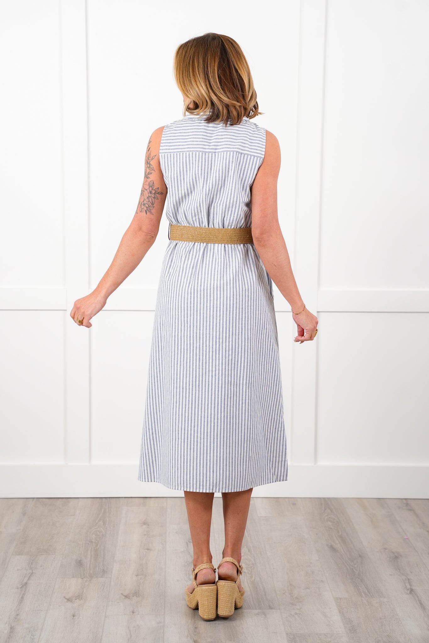 Plus/Reg Sleeveless Stripe Button Down Belted Maxi Dress