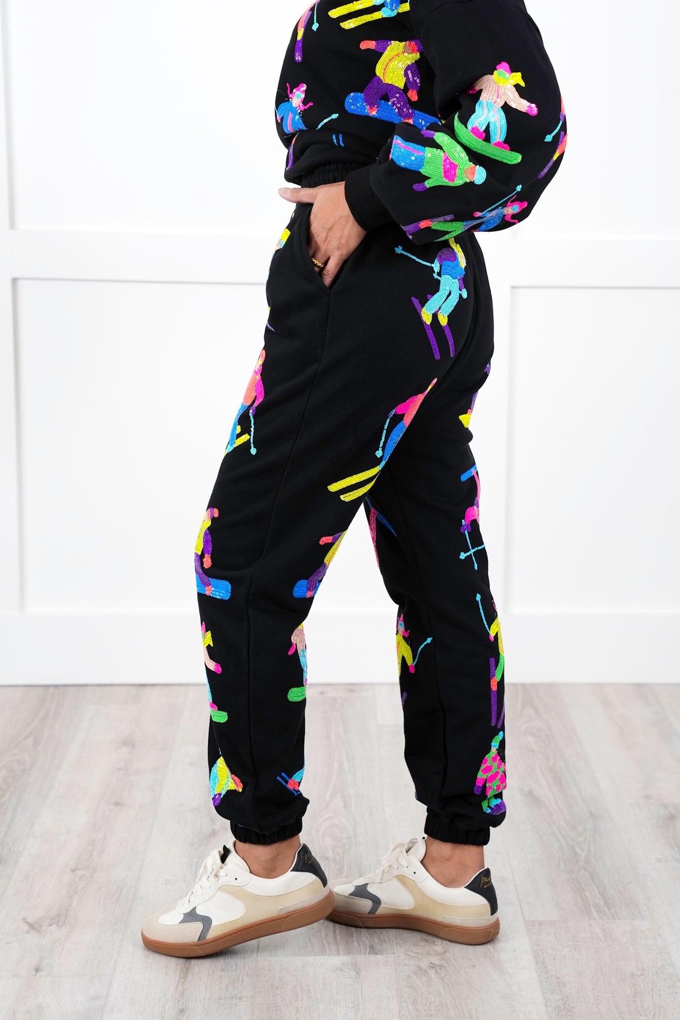 Plus/Reg Queen Of Sparkles All Over Neon Sequin Skiers Elastic Waist Joggers