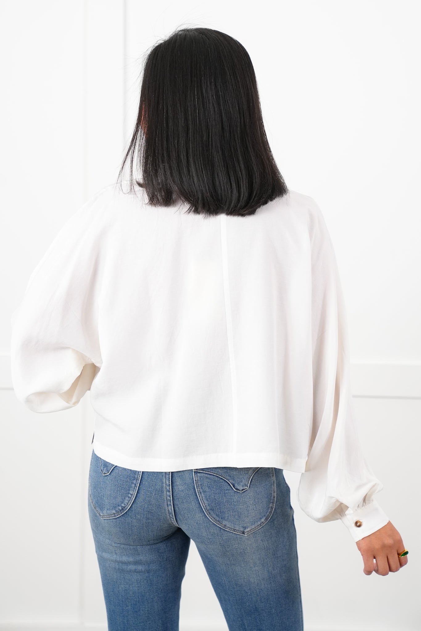White Long Dolman Sleeve V Neck Short Blouse