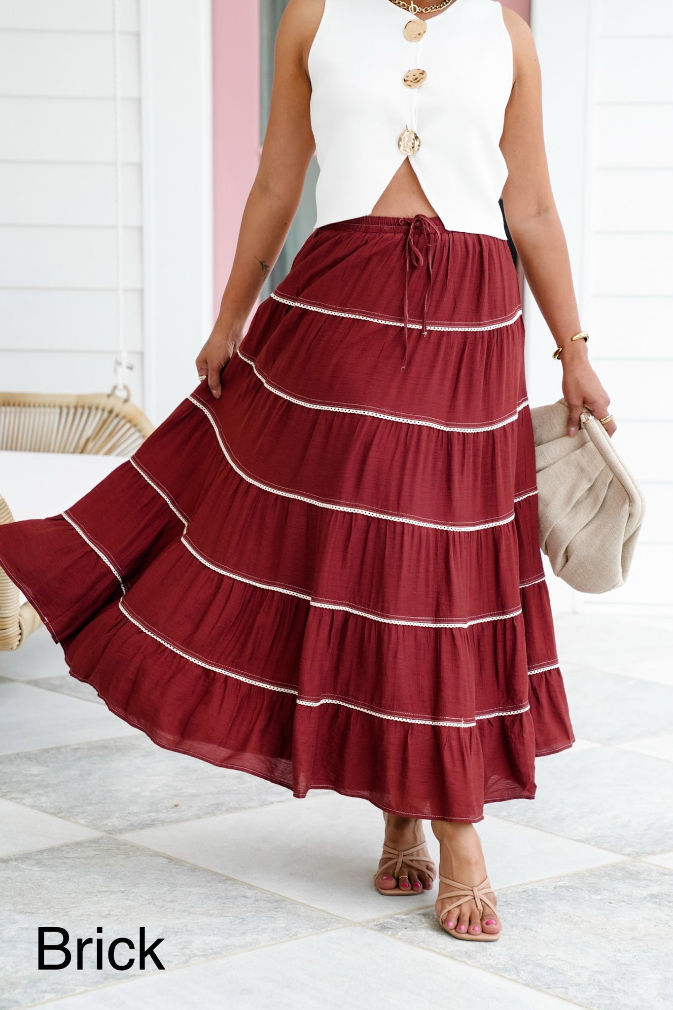 Elastic Waist Tiered Maxi Skirt with Crochet Trim Detail
