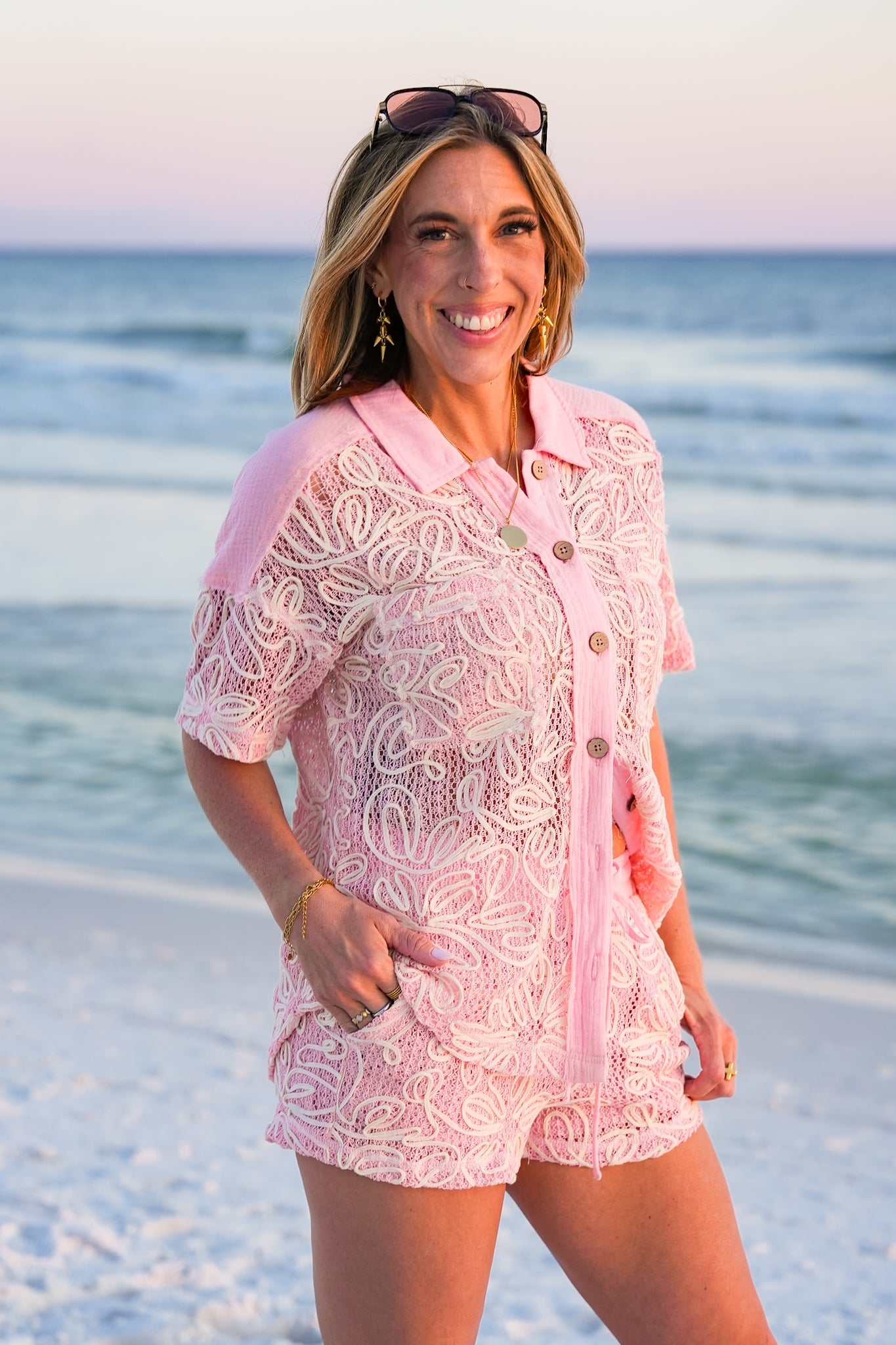 Pink Loose Knit Long Sleeve Button Down Top and Shorts Set