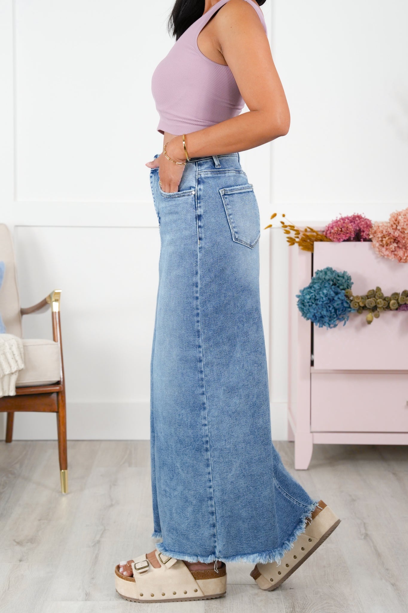Risen High Rise Medium Wash Long Skirt