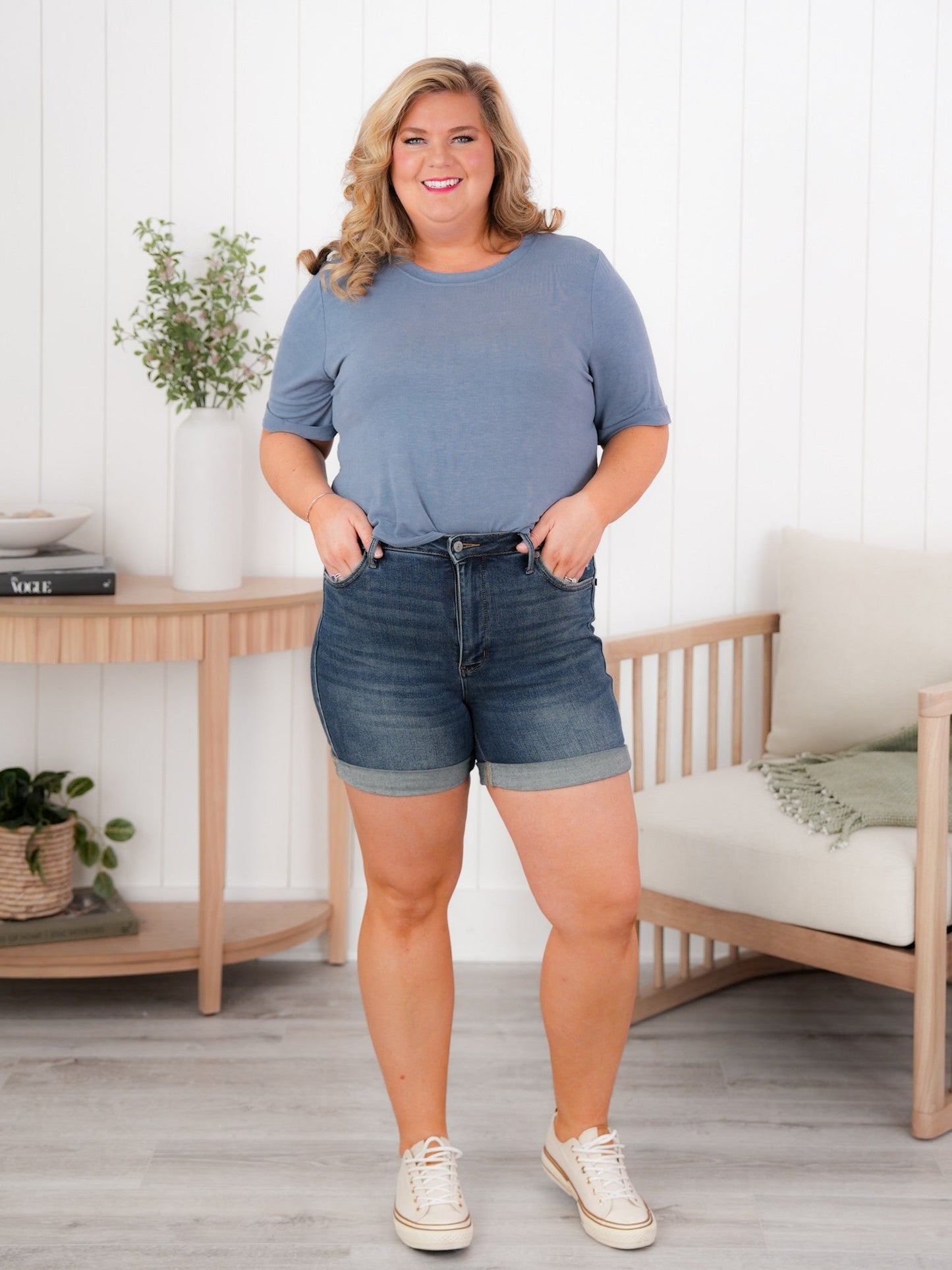 Plus/Reg Solid Short Cuffed Sleeve Top (Multiple Colors)