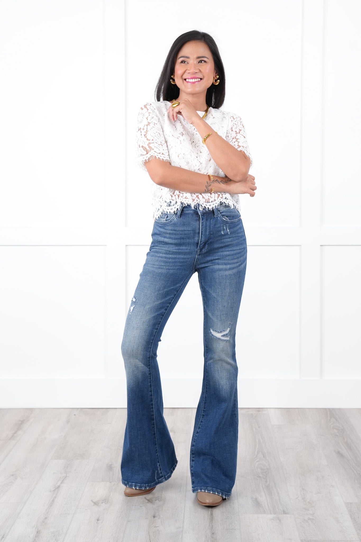 Judy Blue High Rise Dark Wash with Contrast Distressed Flare Jeans