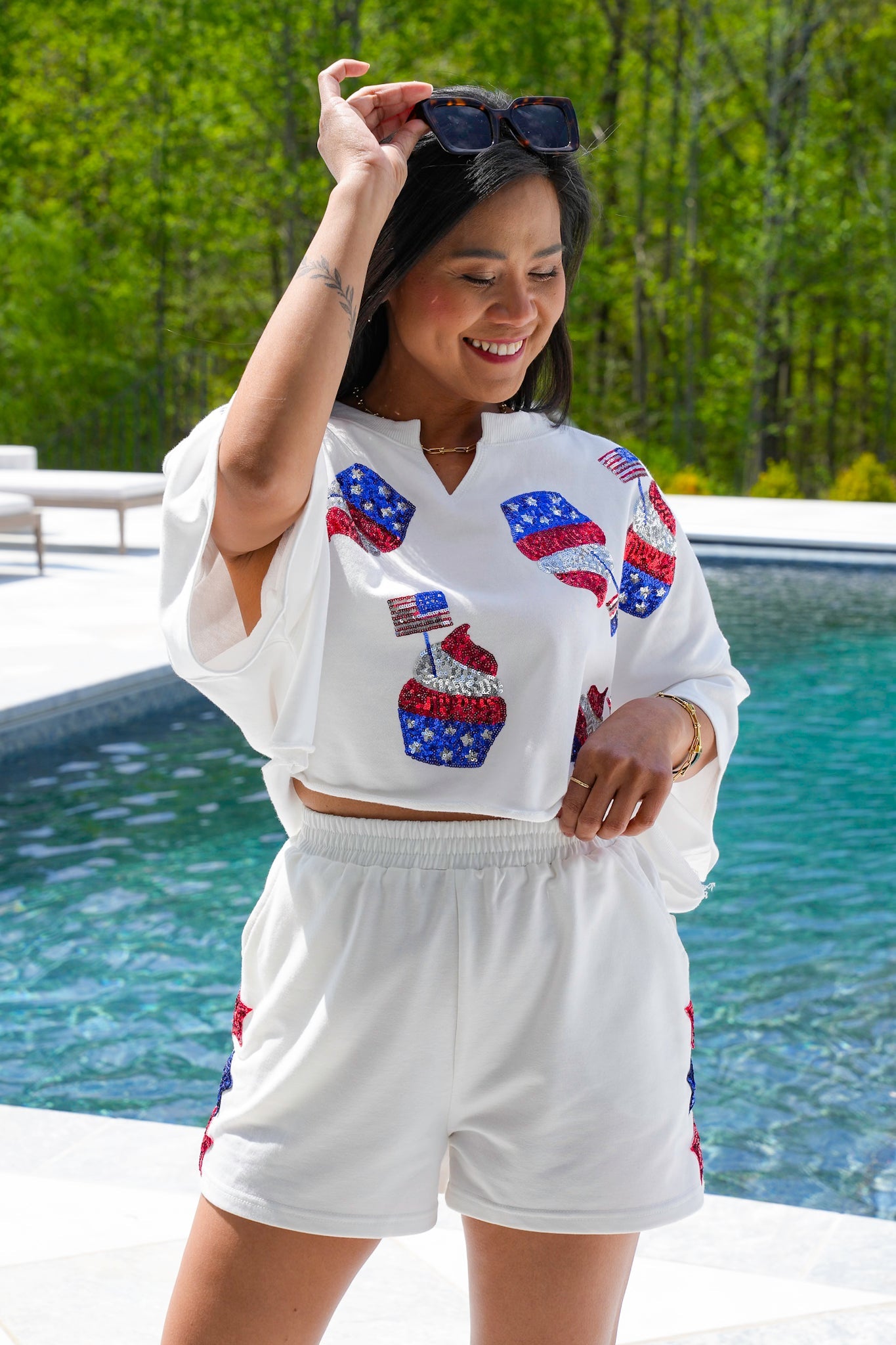 Short Sleeve Cropped Tee Shirt with Sequin American Flag Cupcake Detail
