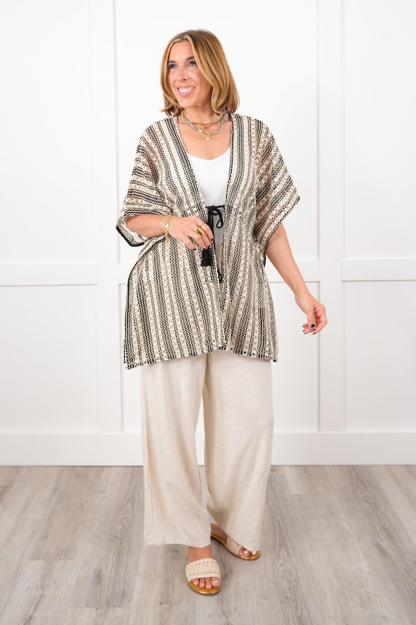 Stripe Short Poncho Sleeve Boho Cardigan