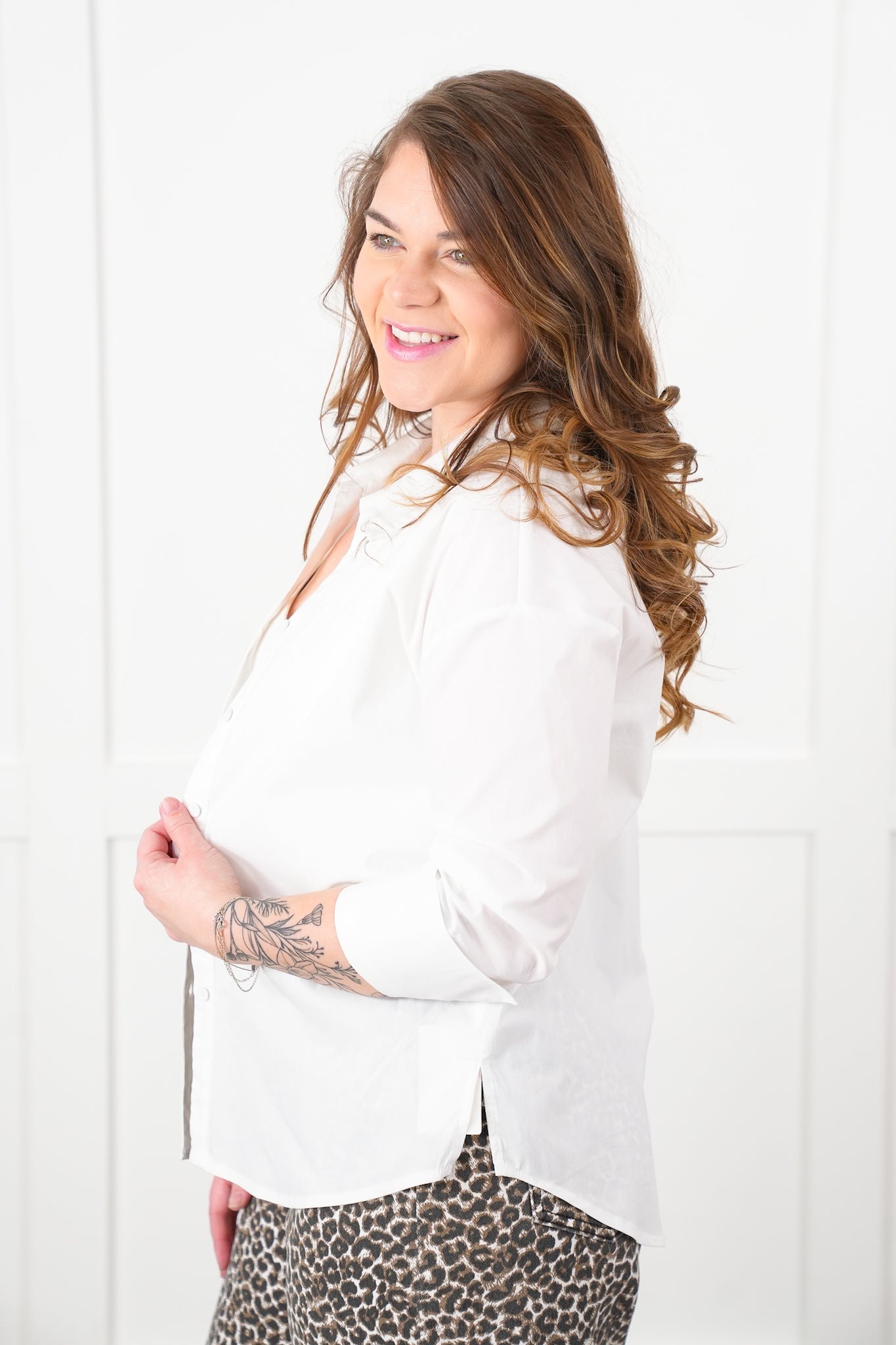 Plus/Reg White Long Sleeve Button Down Shirt with Button and Lace Up Back Detail