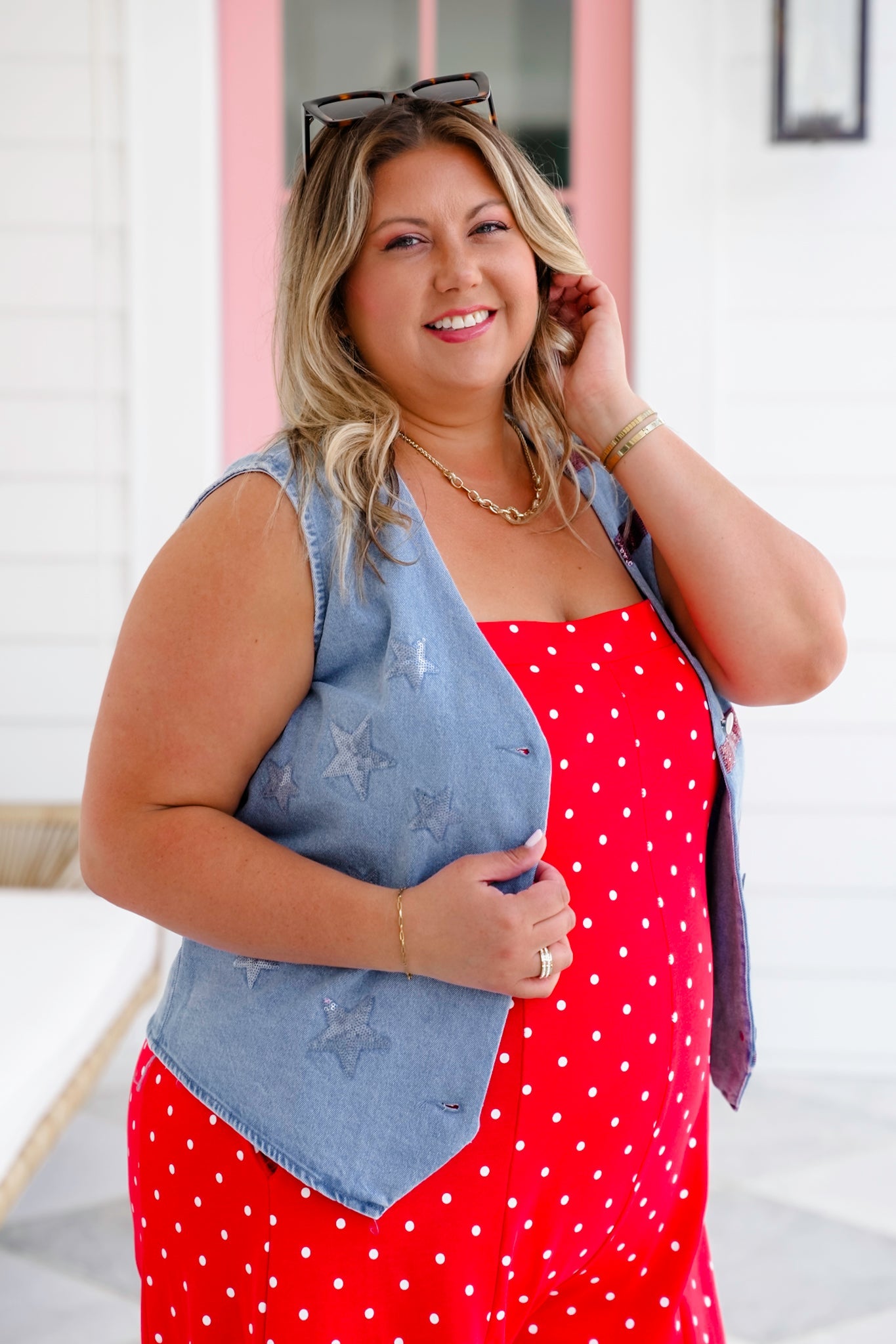 Denim Sleeveless Button Up Vest with Stars & Stripe Sequin Detail