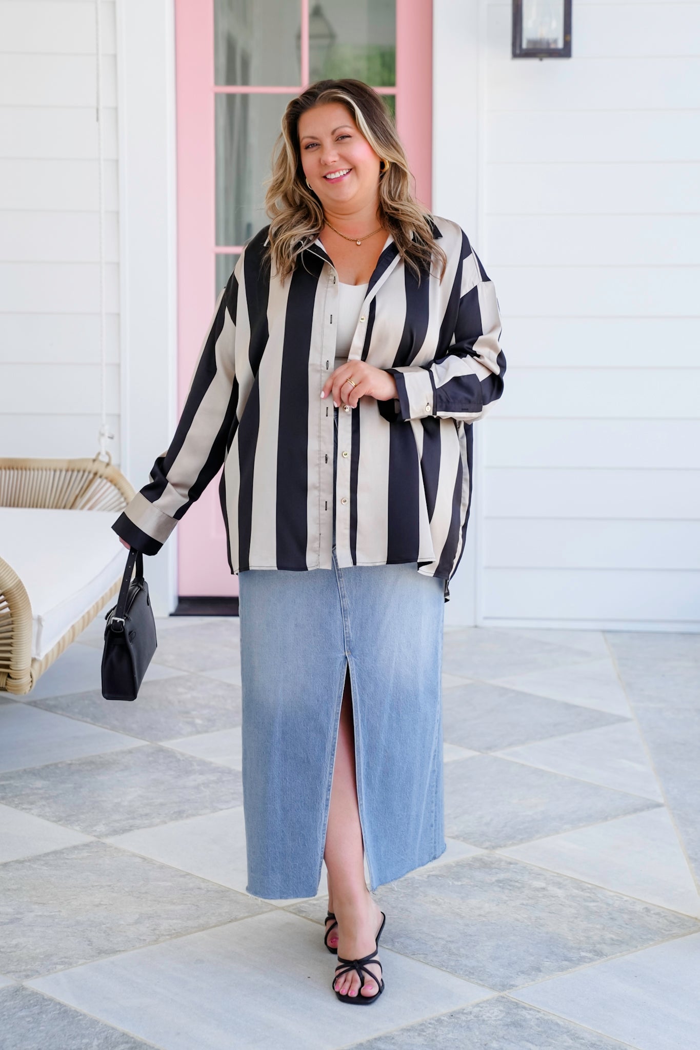 Satin Stripe Long Sleeve Button Down Blouse