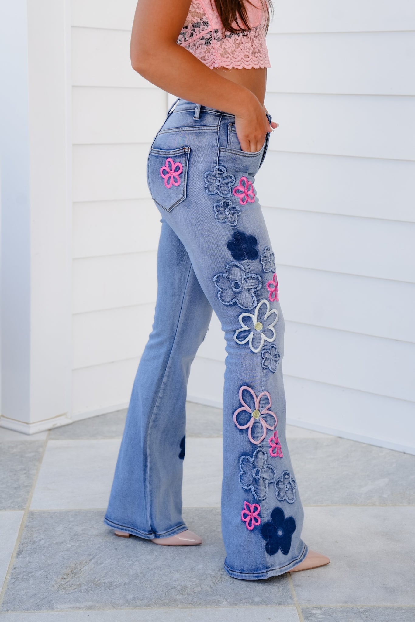 Restock! Mineral Wash Embroidered Retro Flower Flare Leg Denim Pants